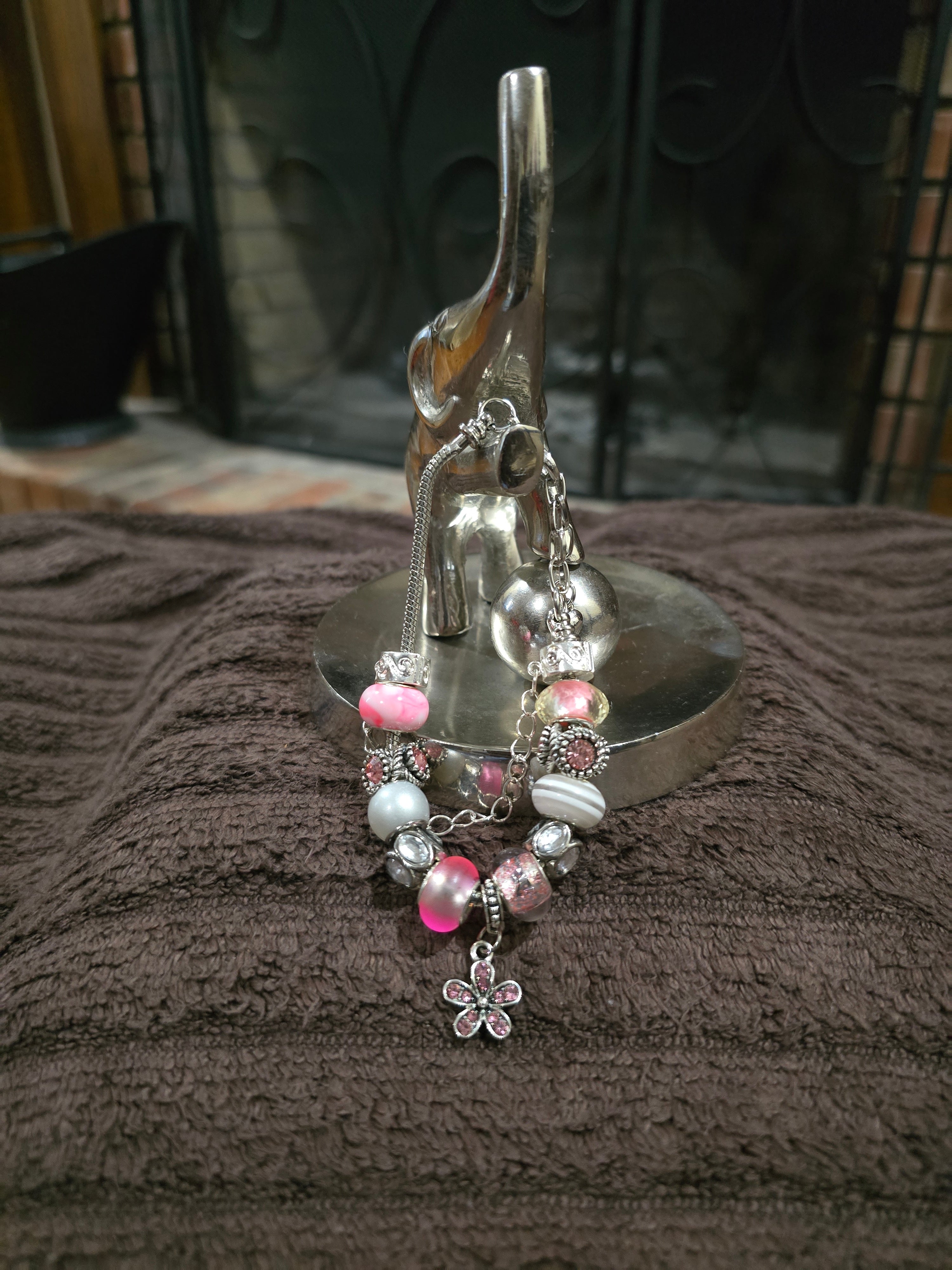 #13 Beaded "Pink Floral" Snake Chain Bracelet