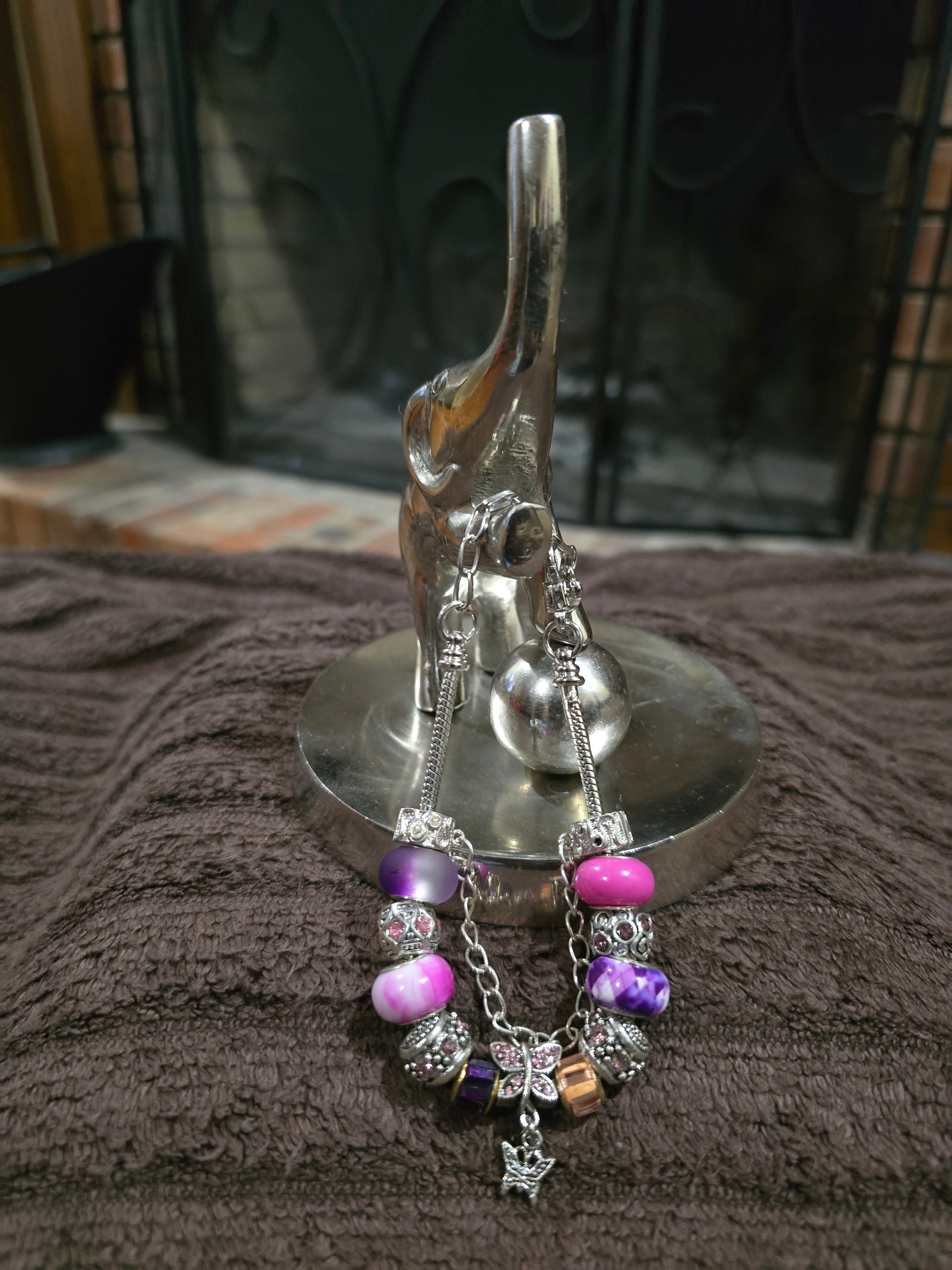 #14 Beaded "Pink & Purple Butterfly" Snake Chain Bracelet