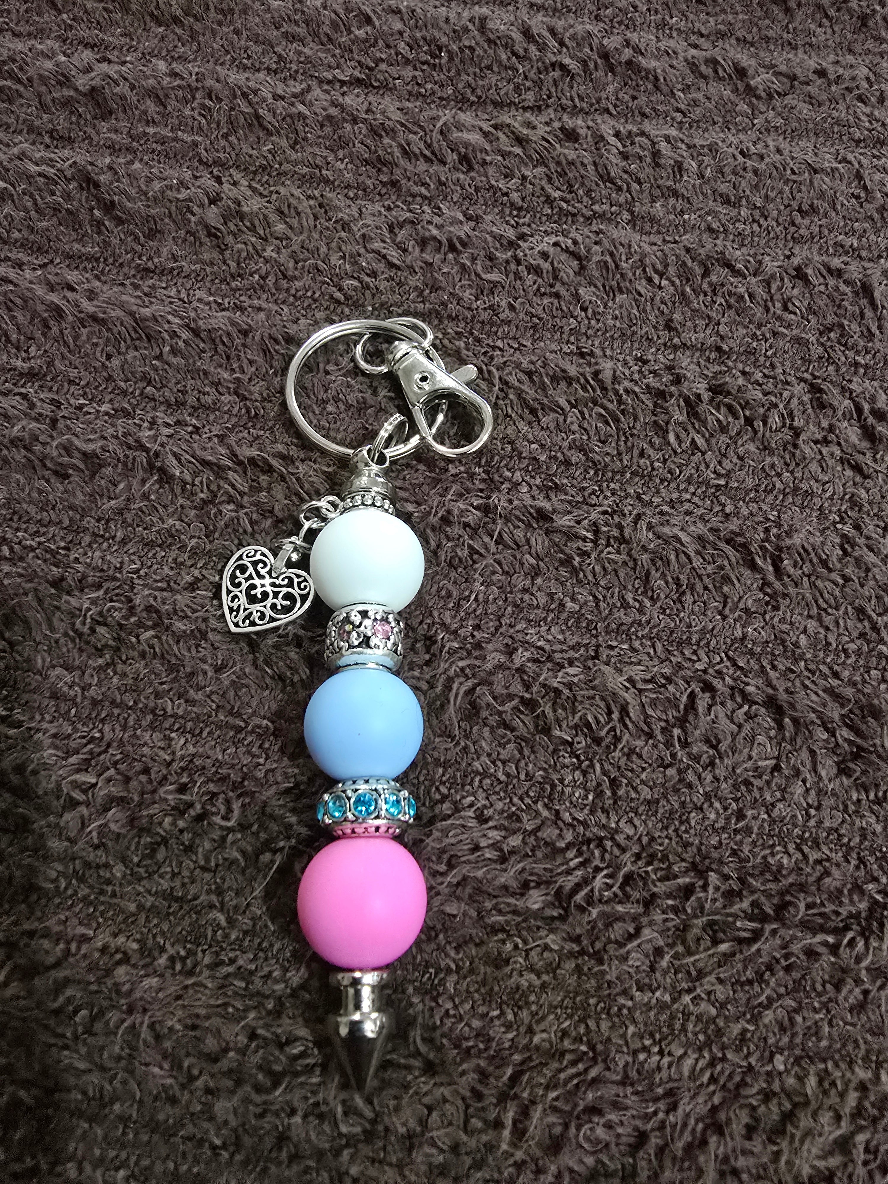 #15 Beaded "Hot Pink & Light Blue" Heart Key Chain