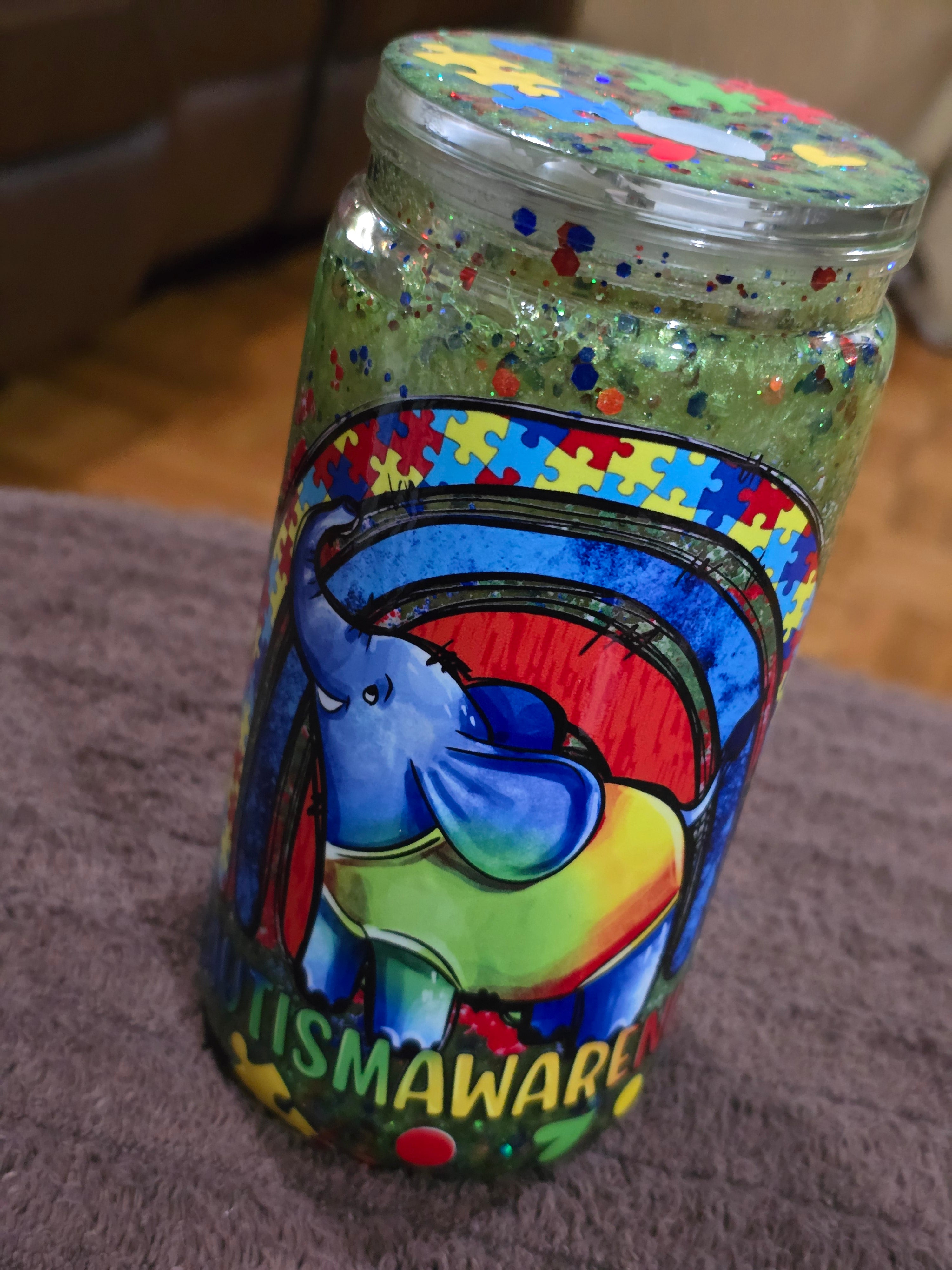 16oz Acrylic "Autism Elephant" Snow Globe Tumbler