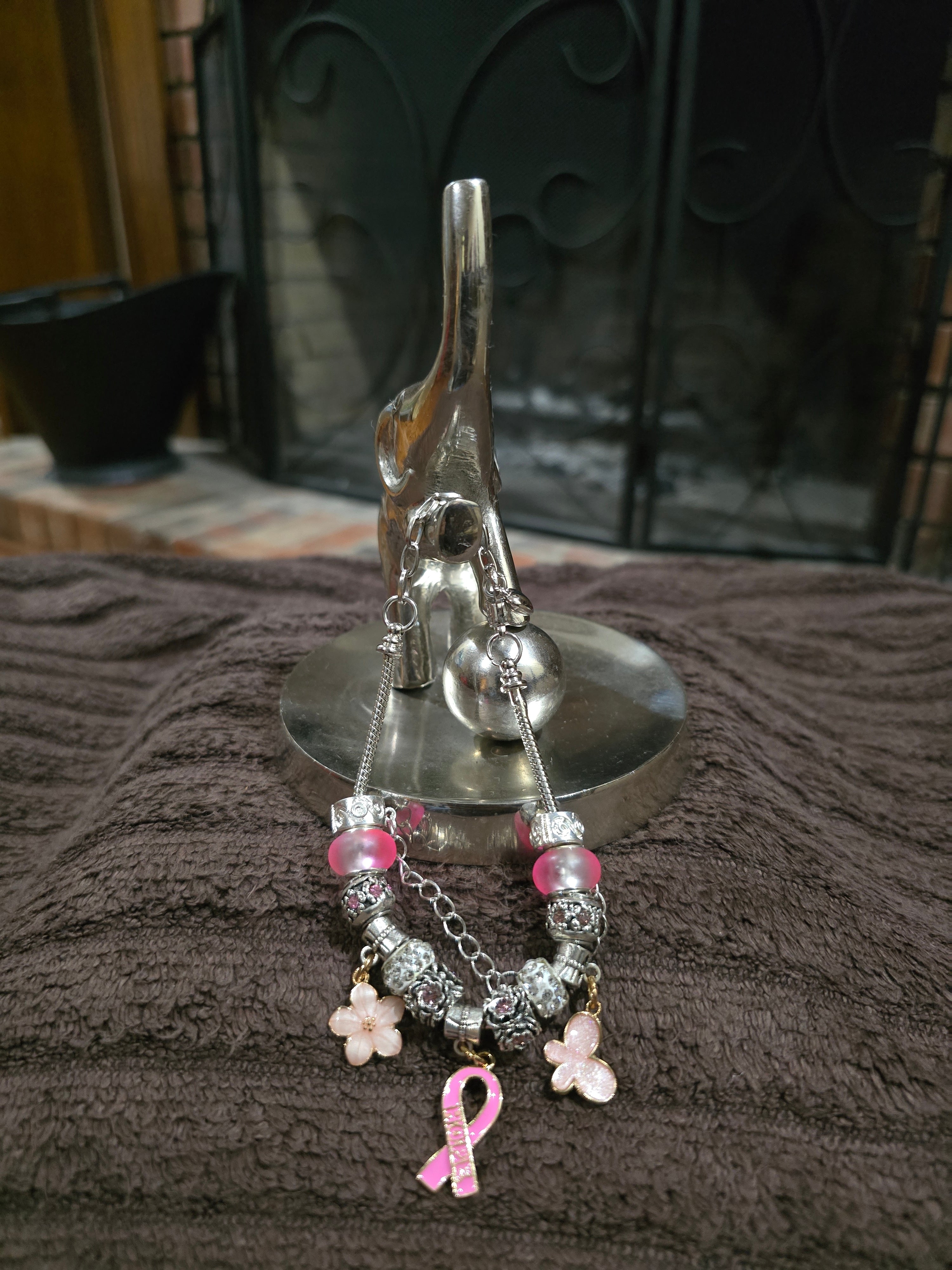 #18 Beaded "Breast Cancer Flower" Snake Chain Bracelet
