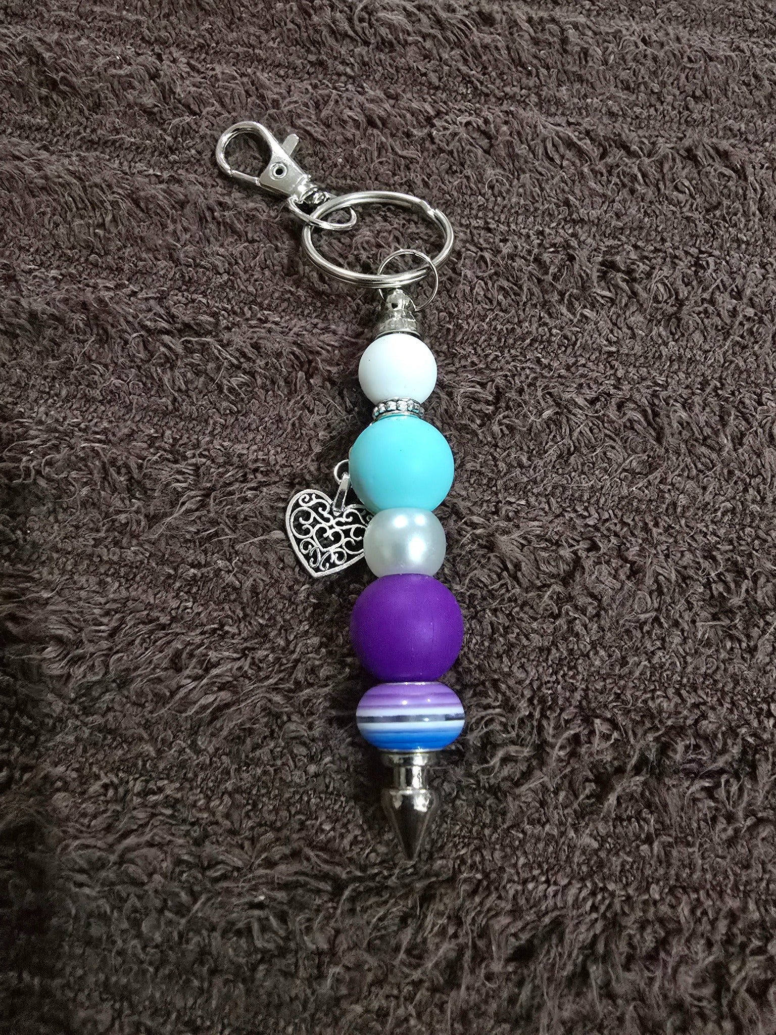 #01 Beaded "Purple & Aqua Heart" Key Chain