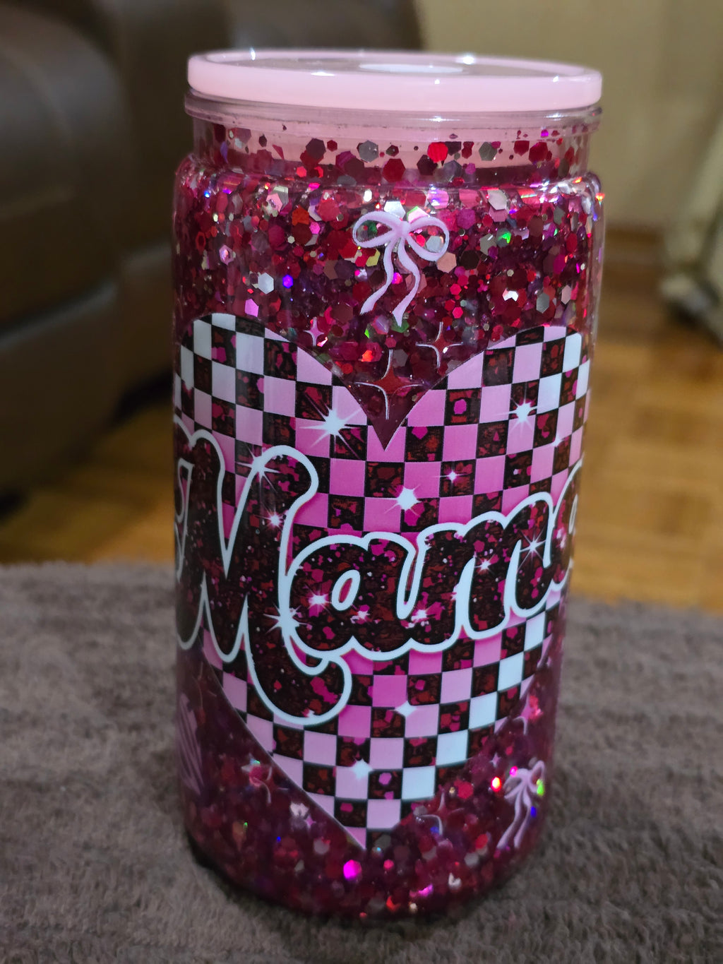 16oz Acrylic "Checkered Heart Mama" Snow Globe Tumbler