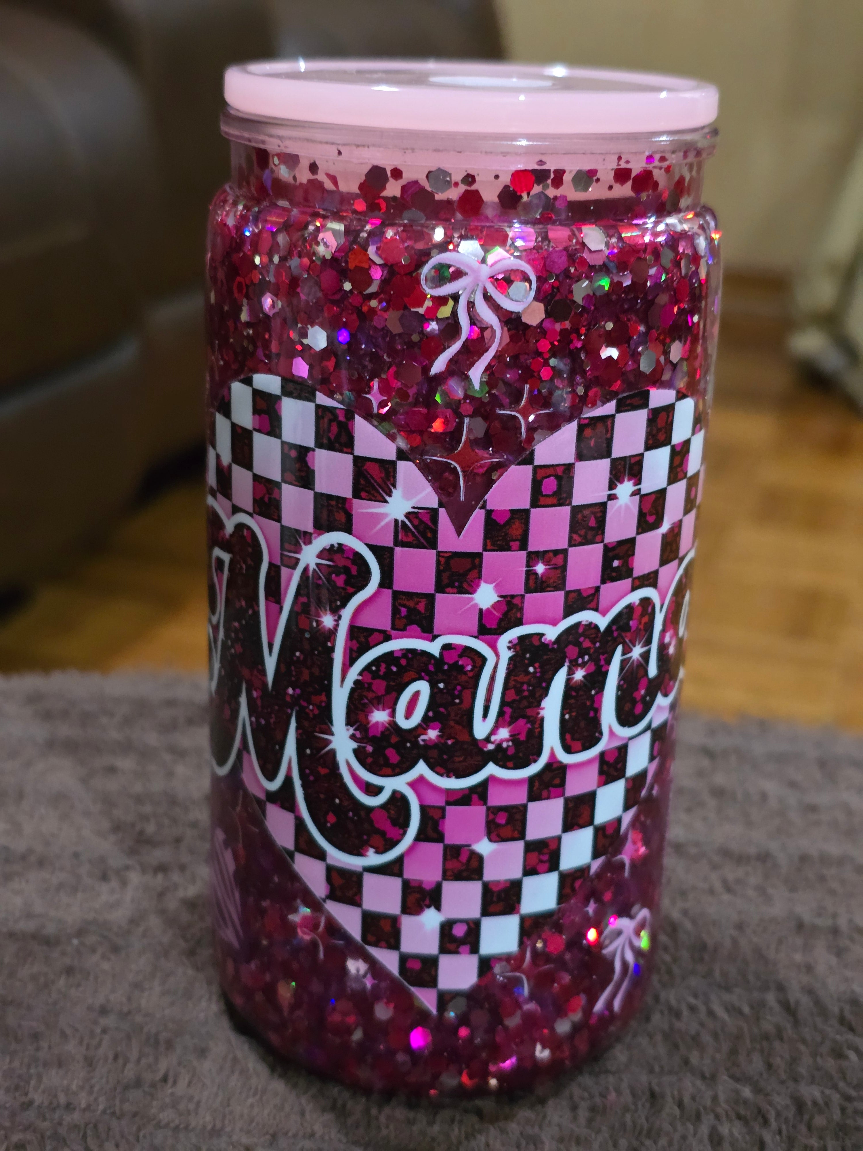 16oz Acrylic "Checkered Heart Mama" Snow Globe Tumbler