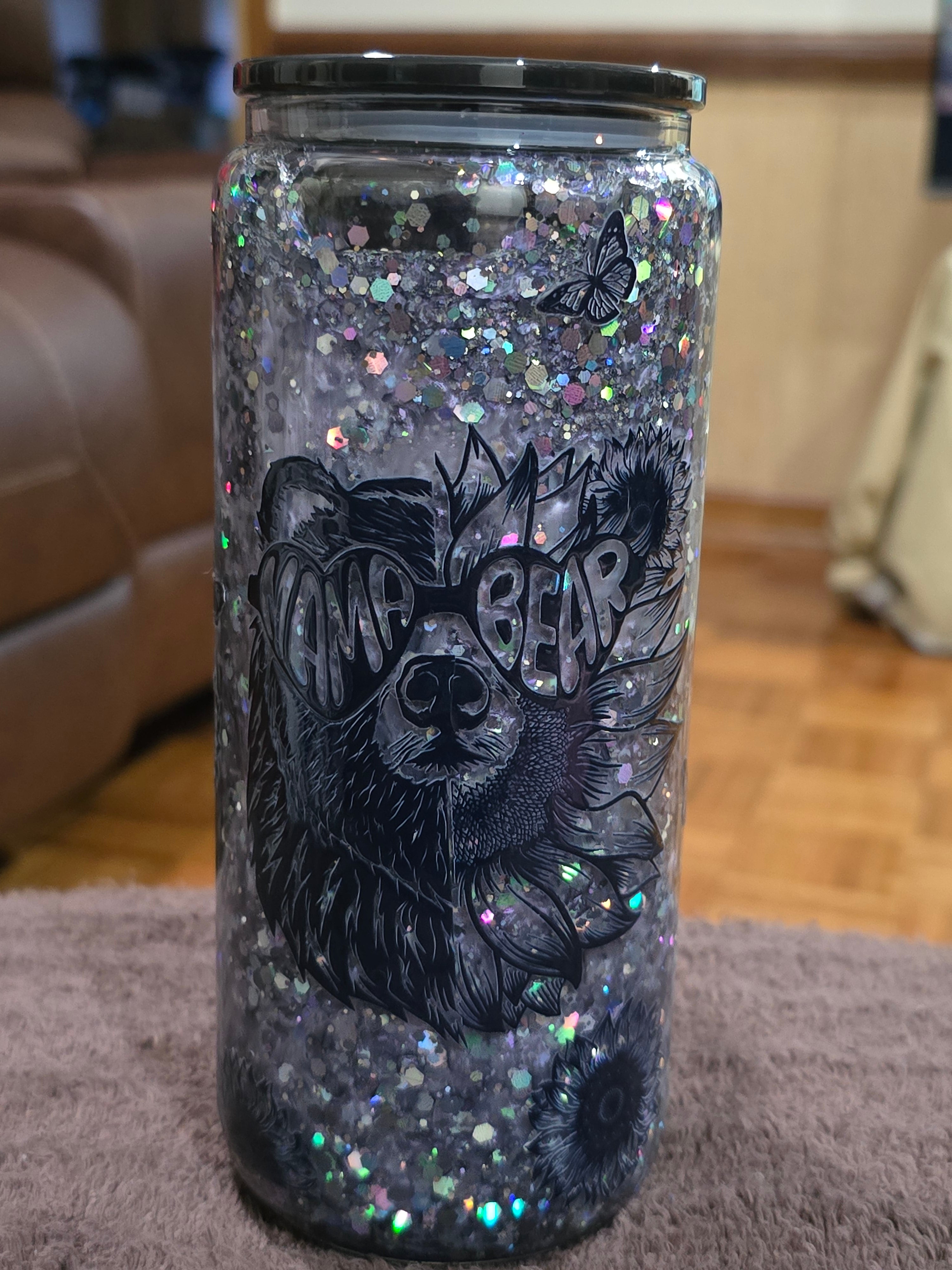 20-oz "Mama Bear" Black and Holographic Glass Snow Globe Mug Tumbler