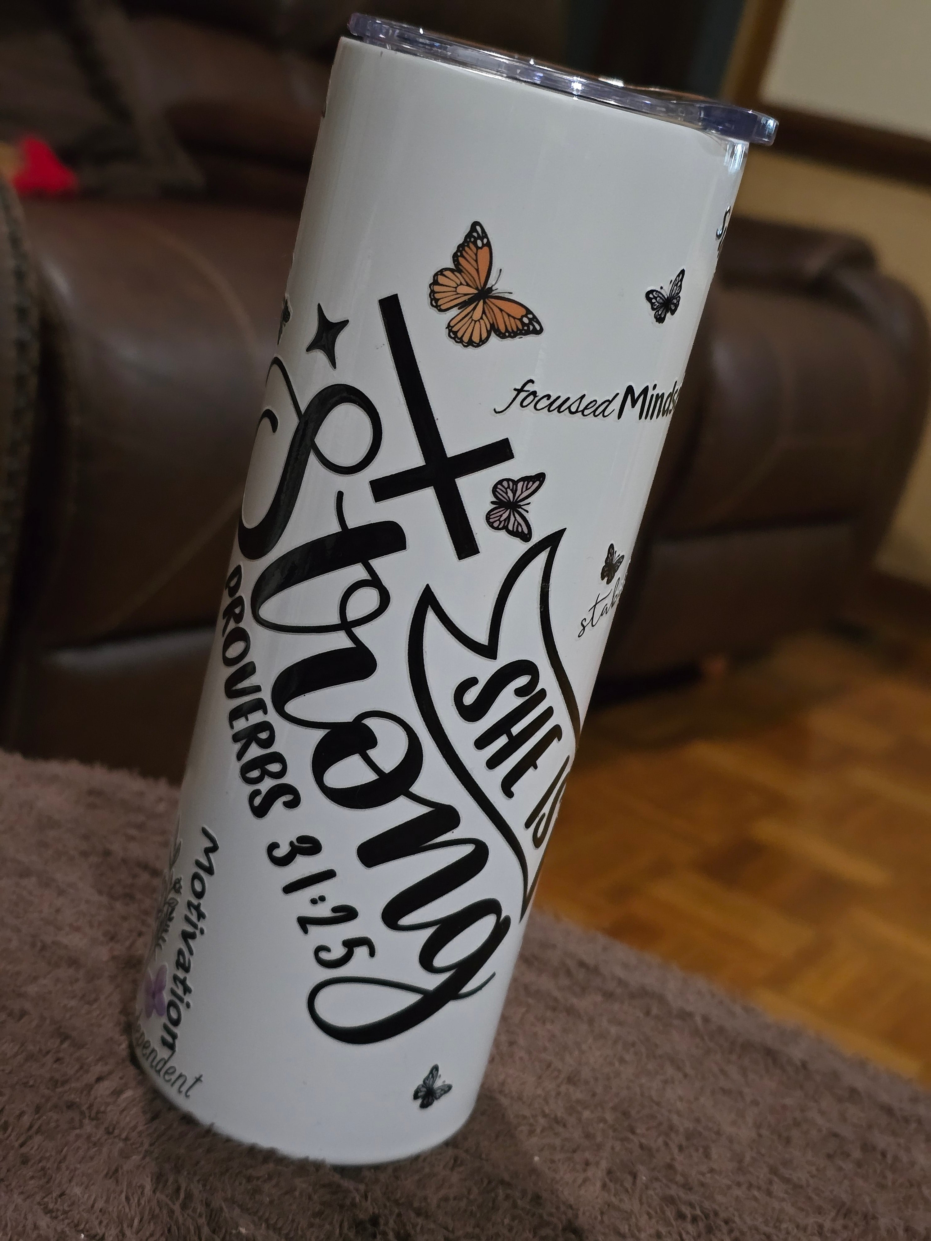 Tall Skinny 20oz "She Is Strong" White Stainless-Steel Tumbler