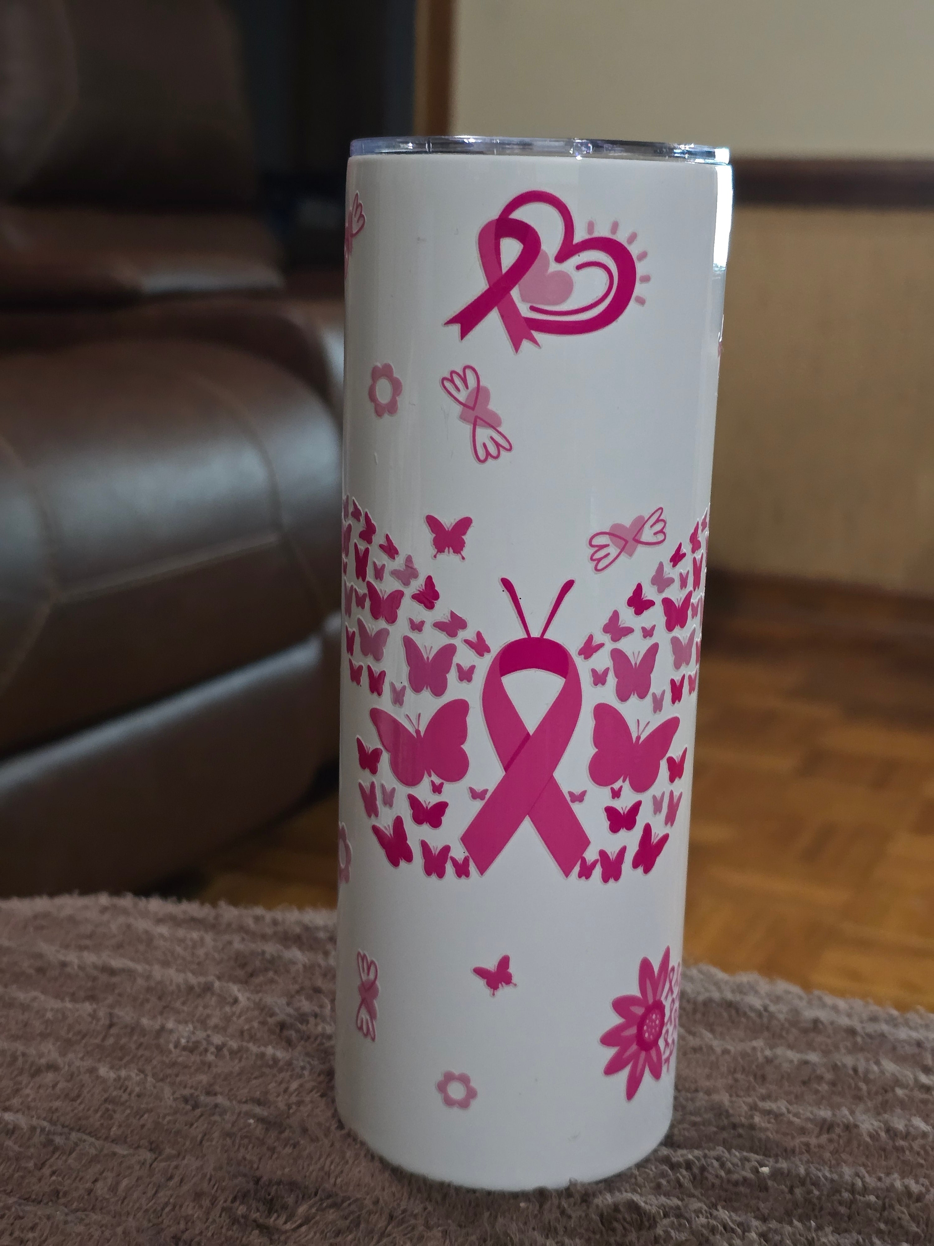 Tall Skinny 20oz "Breast Cancer Butterfly" White Stainless-Steel Tumbler