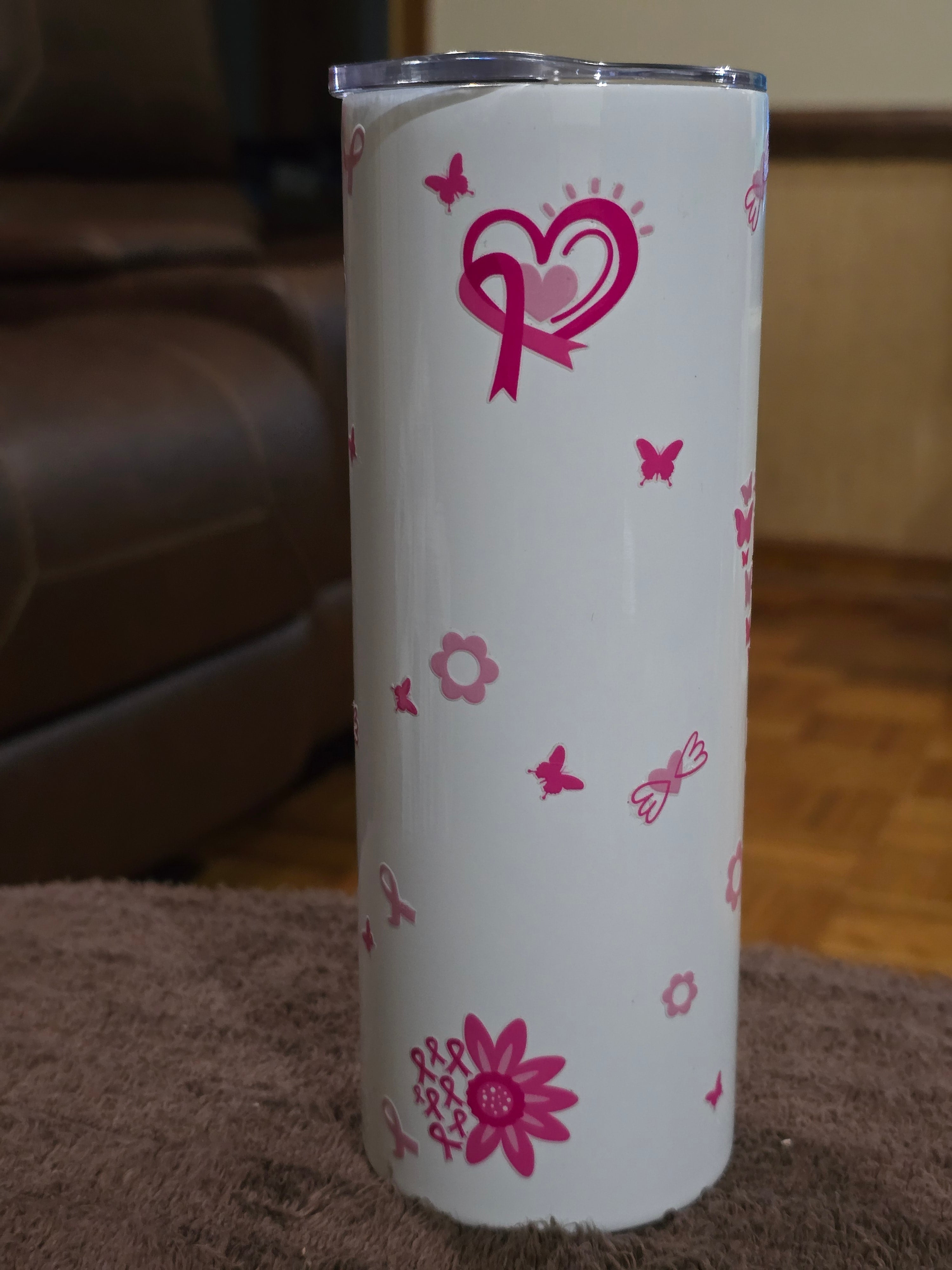 Tall Skinny 20oz "Breast Cancer Butterfly" White Stainless-Steel Tumbler