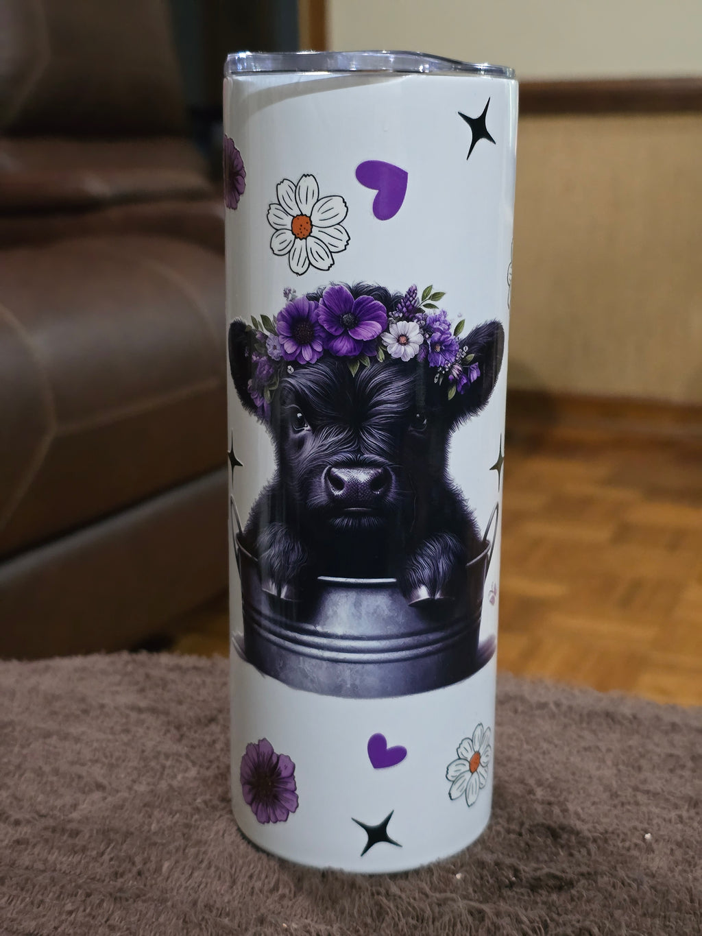 Tall Skinny 20oz Black, Purple & White Cow Stainless-Steel Tumbler