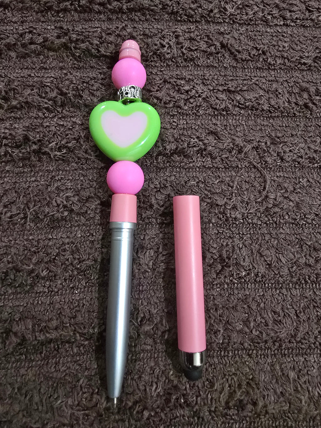 #64 Beaded "Pink & Green Heart" Stylus/Ink Pen