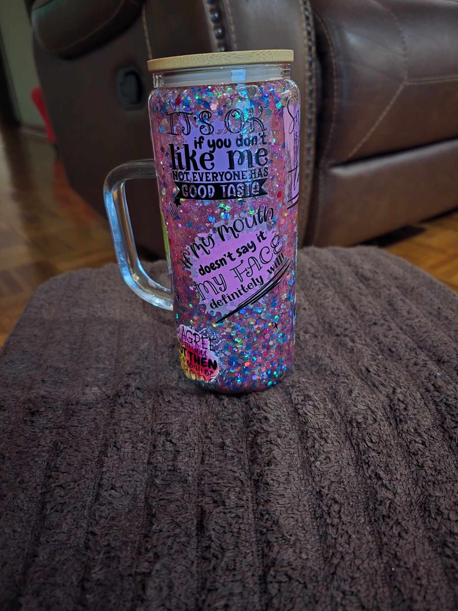 20 oz "Sarcasm" Pink and holographic Glass Snow Globe Mug Tumbler