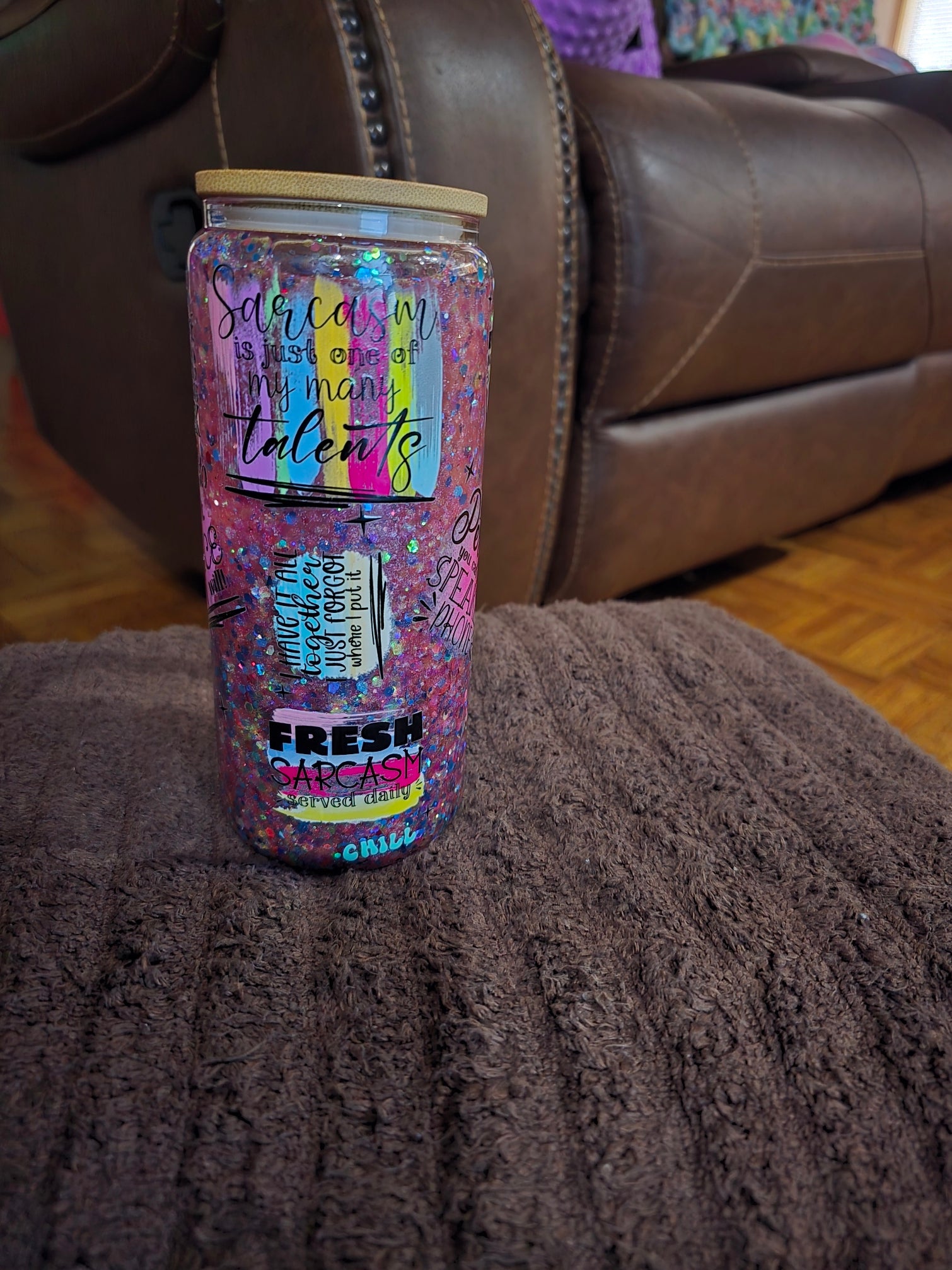 20 oz "Sarcasm" Pink and holographic Glass Snow Globe Mug Tumbler