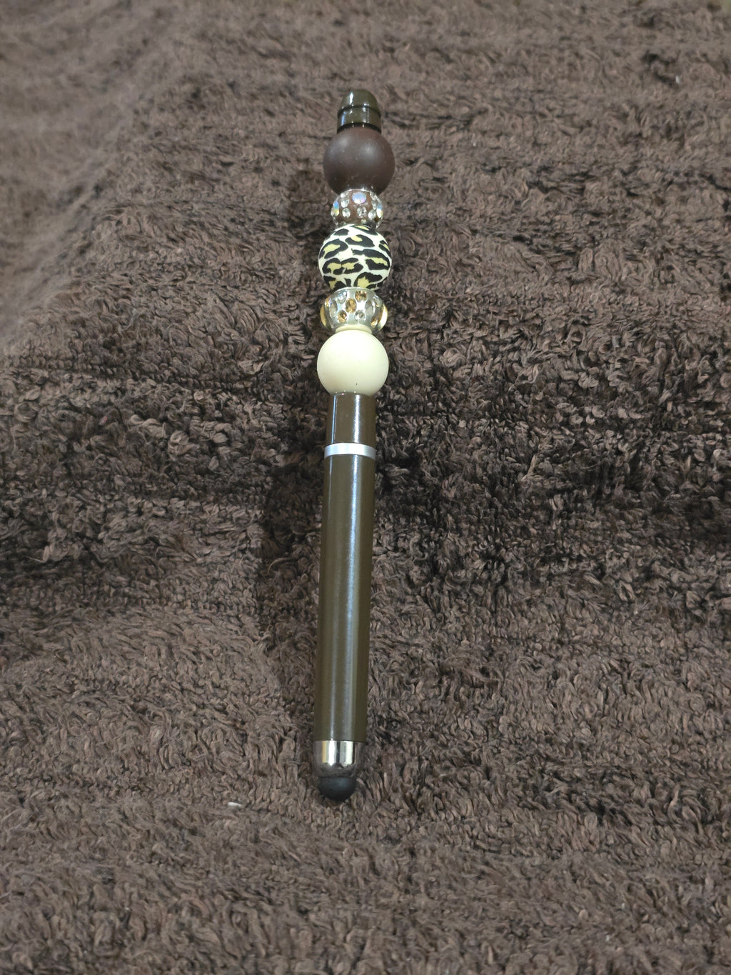 #7 Beaded "Brown, Gold, Ivory & Animal Print" Stylus/Ink Pen