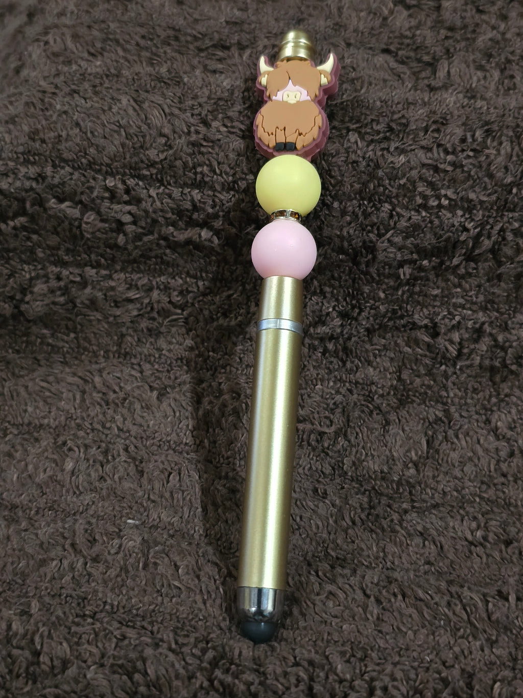 #4 Beaded "Brown & Soft Pink Highland Cow" Stylus/Ink Pen