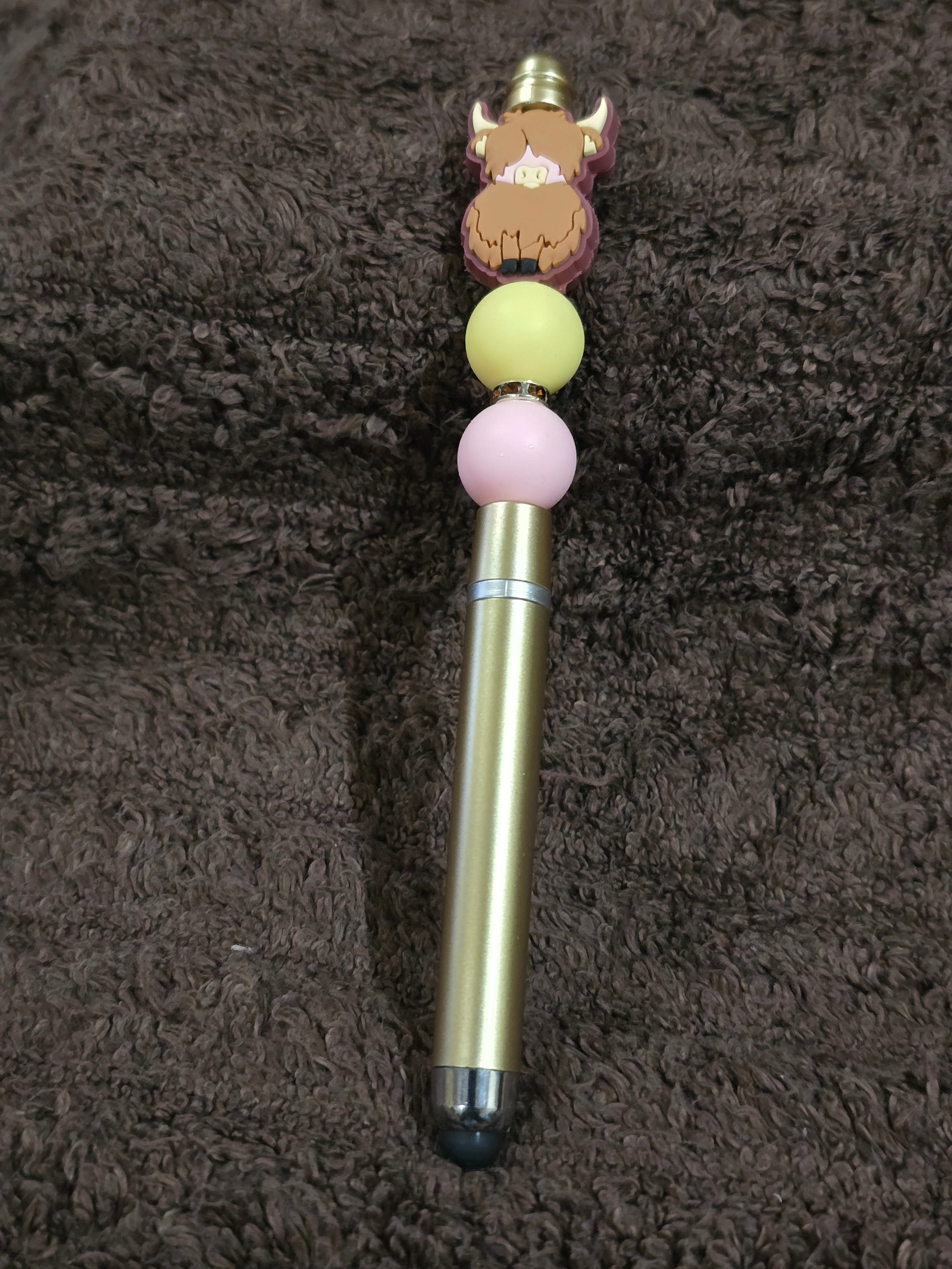 #4 Beaded "Brown & Soft Pink Highland Cow" Stylus/Ink Pen