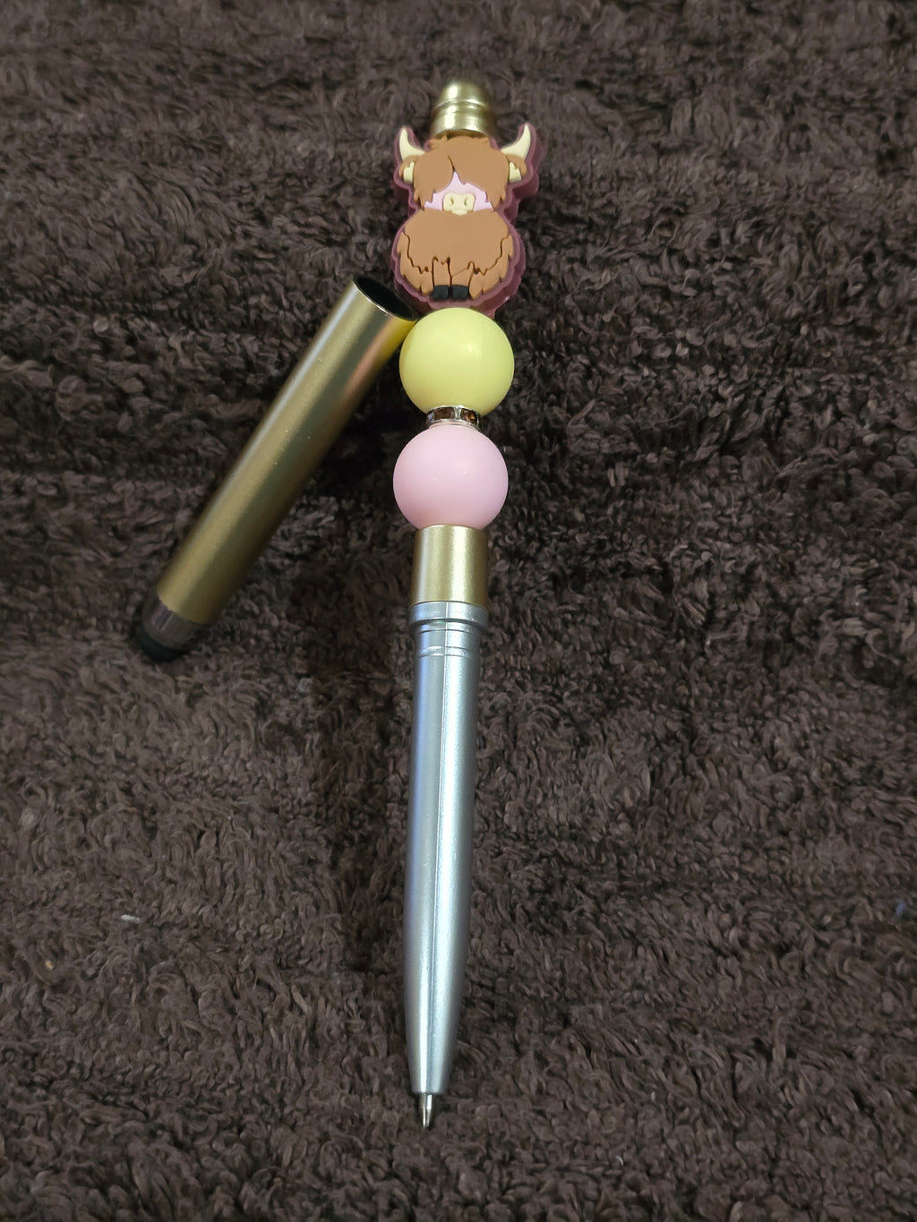 #4 Beaded "Brown & Soft Pink Highland Cow" Stylus/Ink Pen