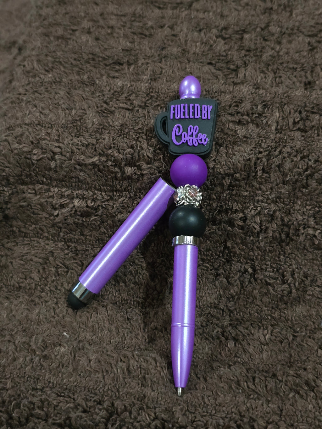 #9 Beaded "Fueled by Coffee Purple & Black" Stylus/Ink Pen