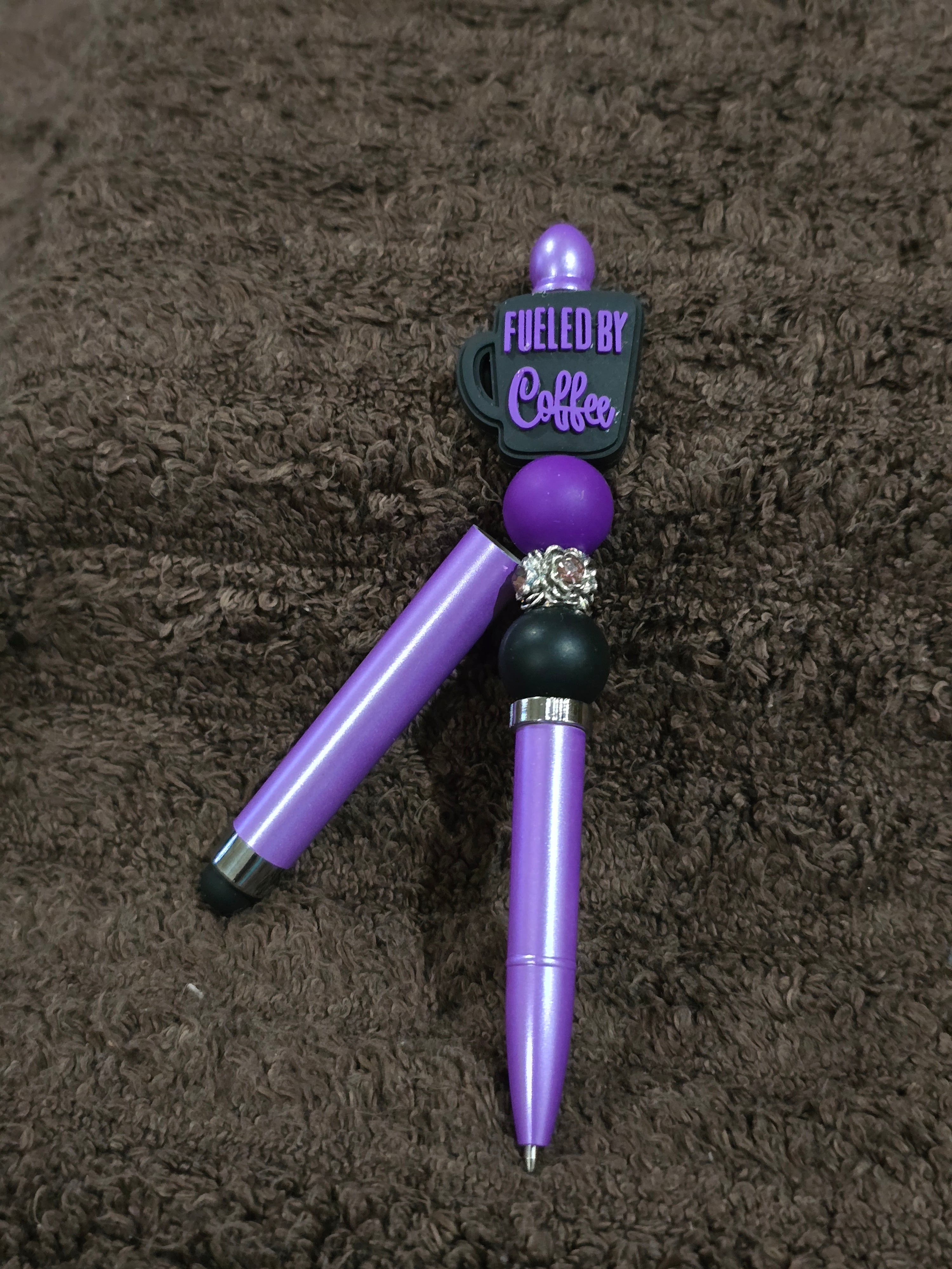 #9 Beaded "Fueled by Coffee Purple & Black" Stylus/Ink Pen