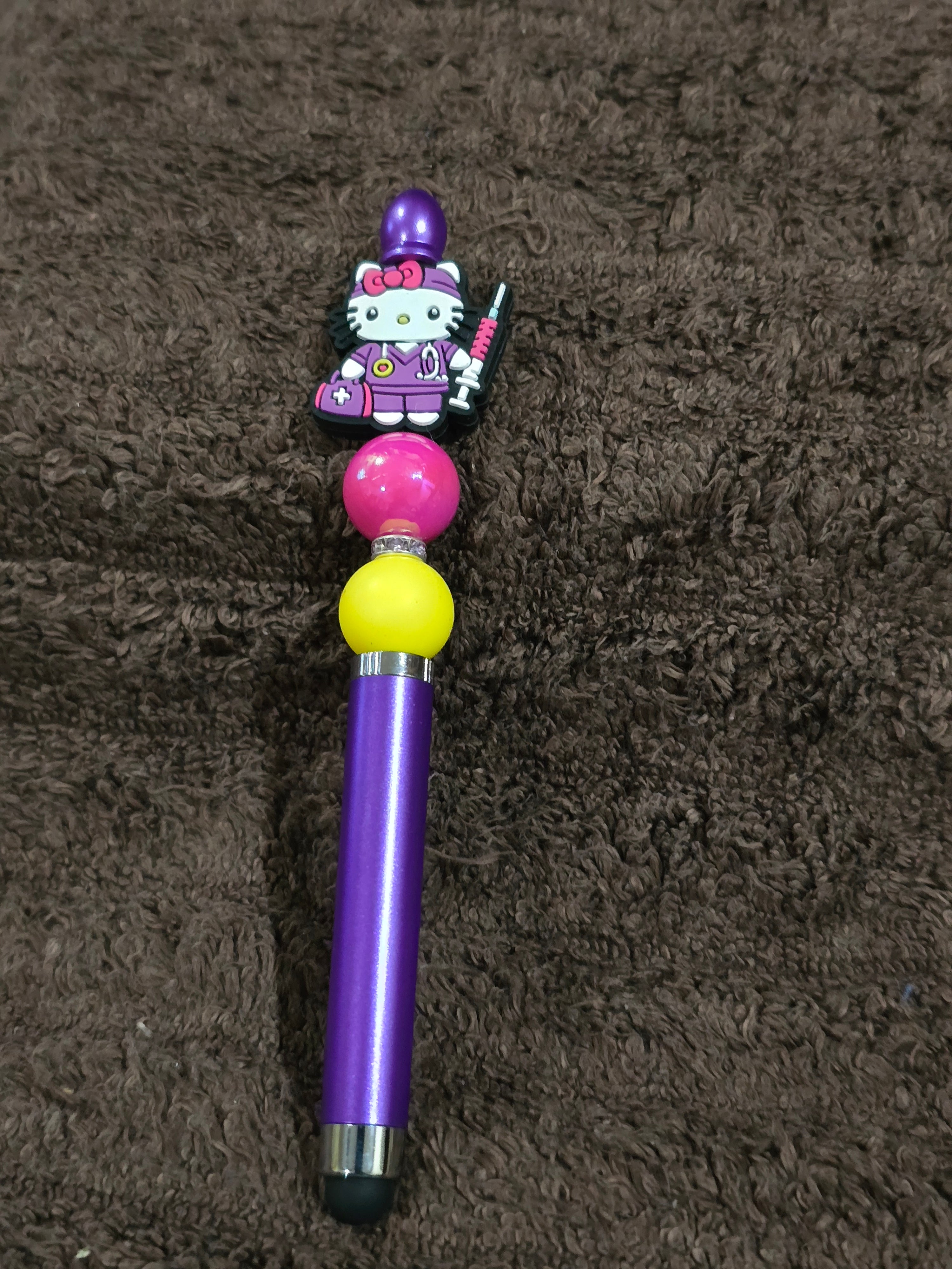 #14 Beaded "Purple, Pink & Yellow Nurse Kitty" Stylus/Ink Pen