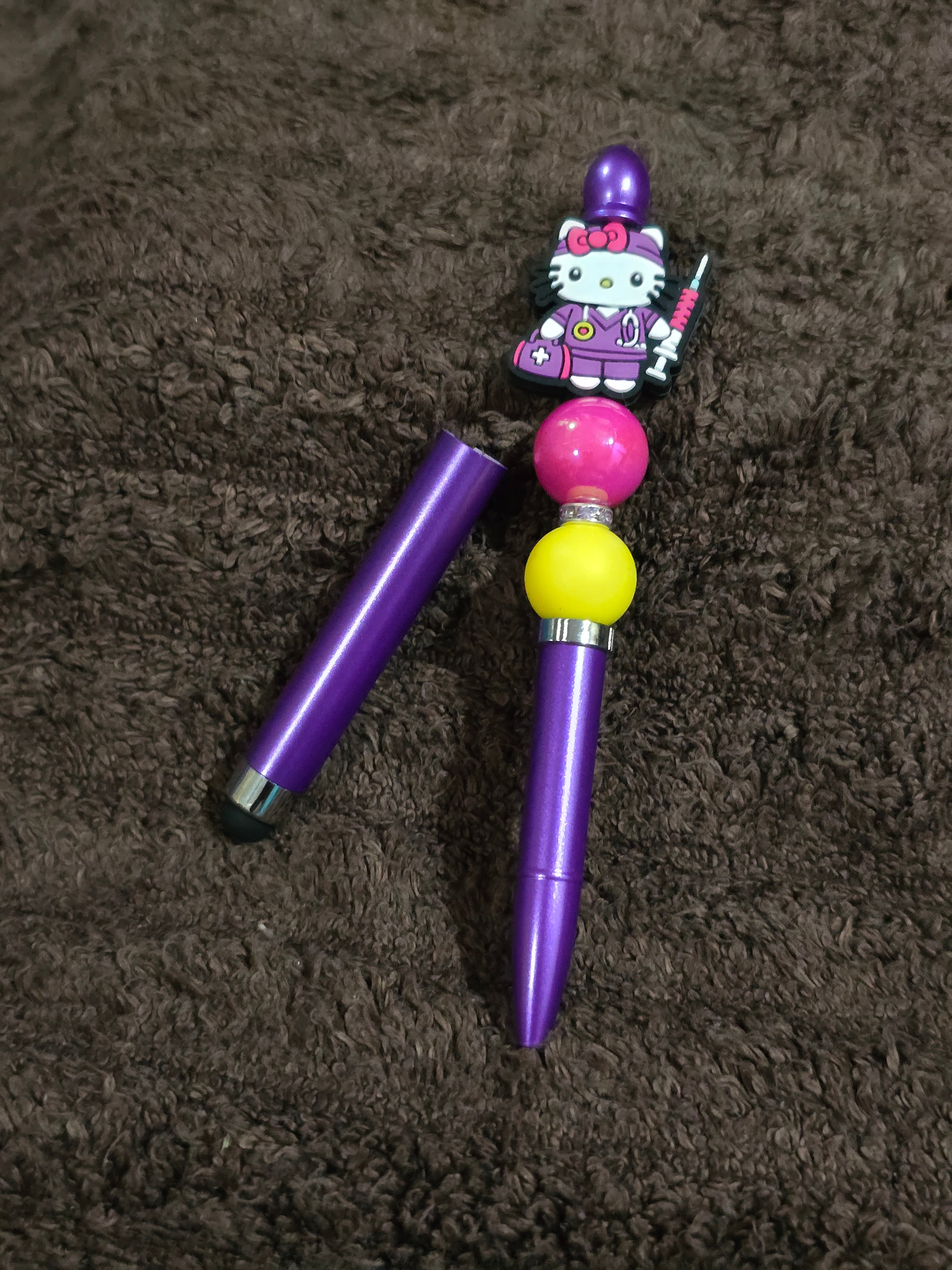 #14 Beaded "Purple, Pink & Yellow Nurse Kitty" Stylus/Ink Pen