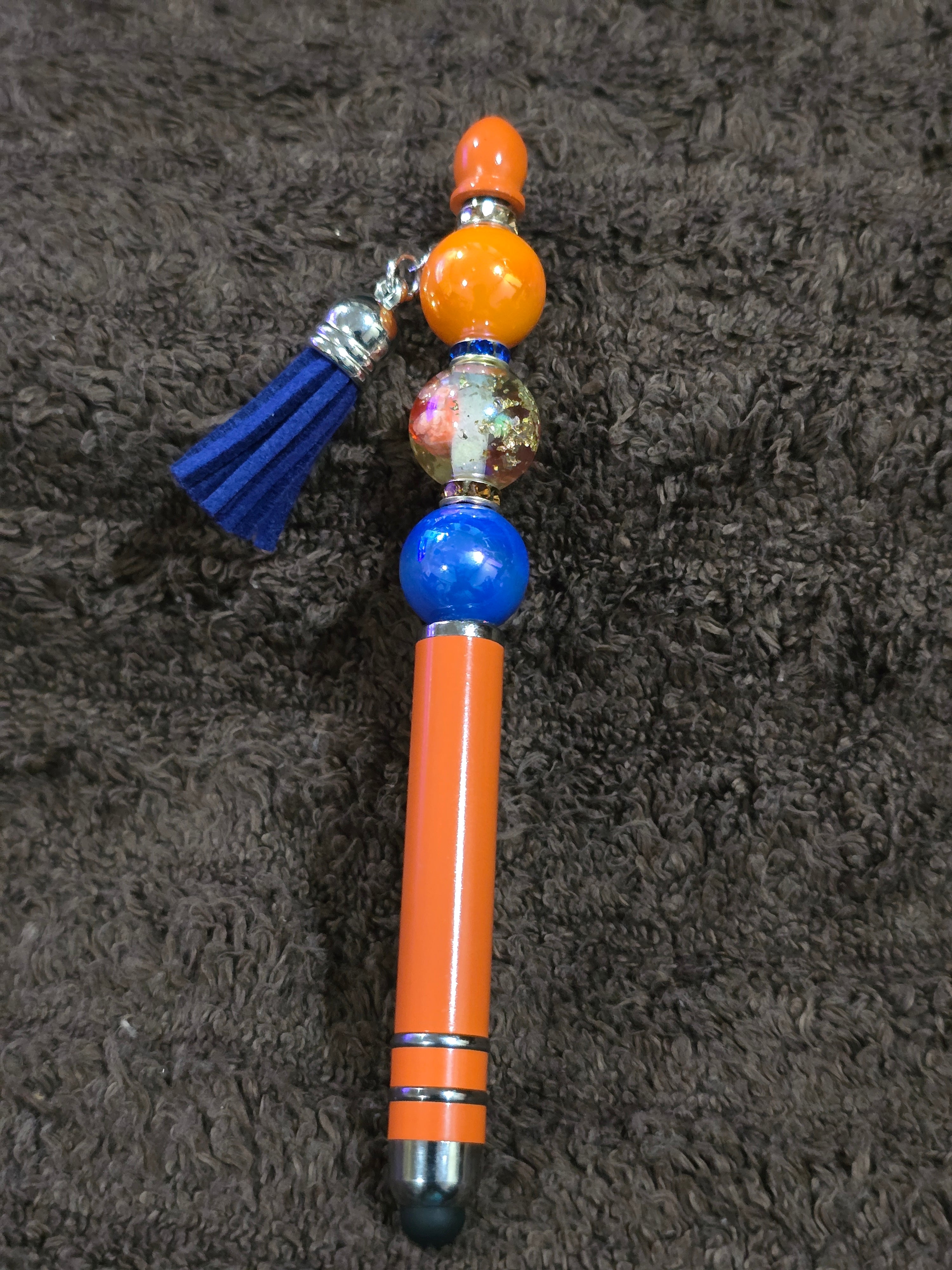 #16 Beaded "Orange & Blue Beaded Stylus/Ink Pen with Tassel Charm " Stylus/Ink Pen
