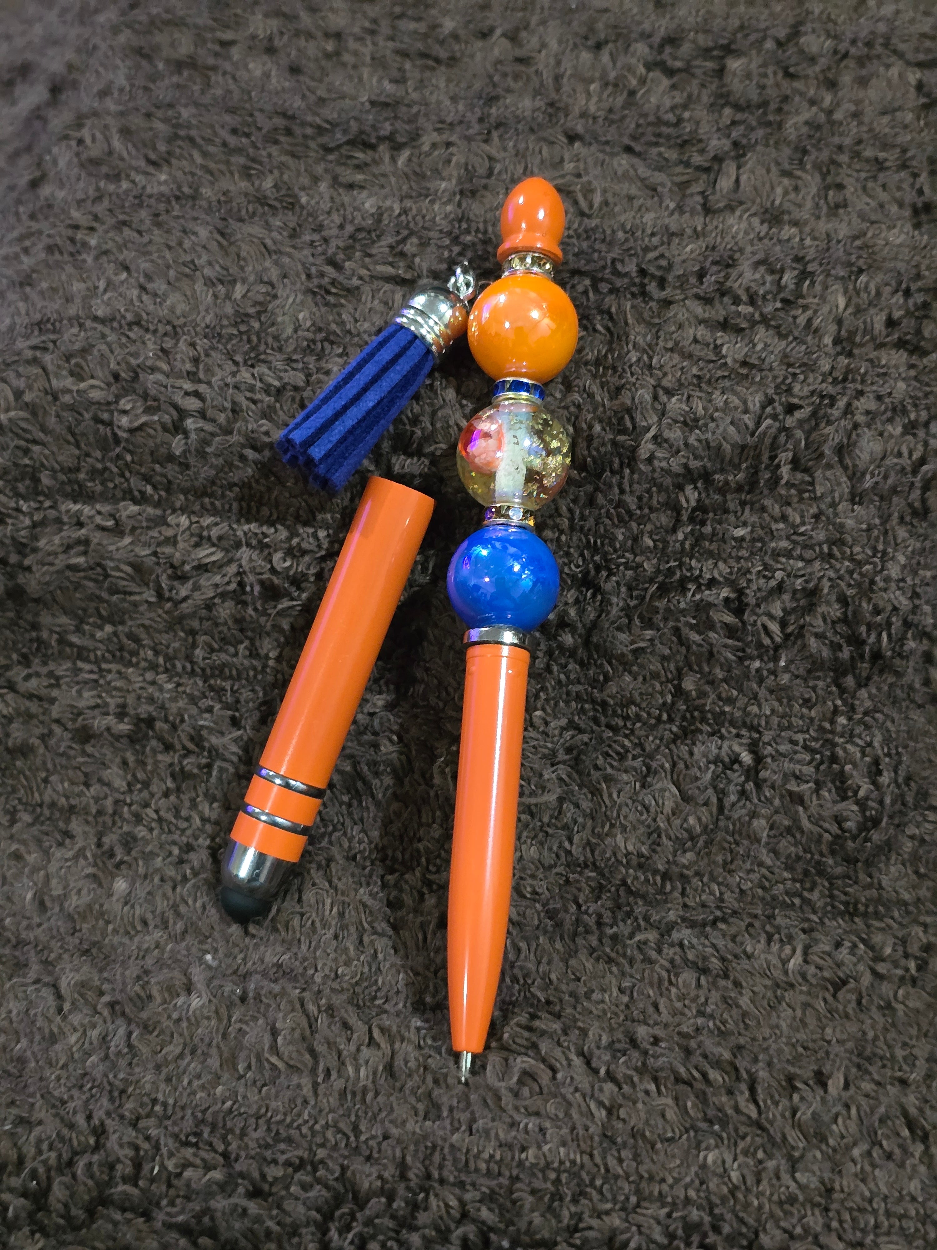 #16 Beaded "Orange & Blue Beaded Stylus/Ink Pen with Tassel Charm " Stylus/Ink Pen