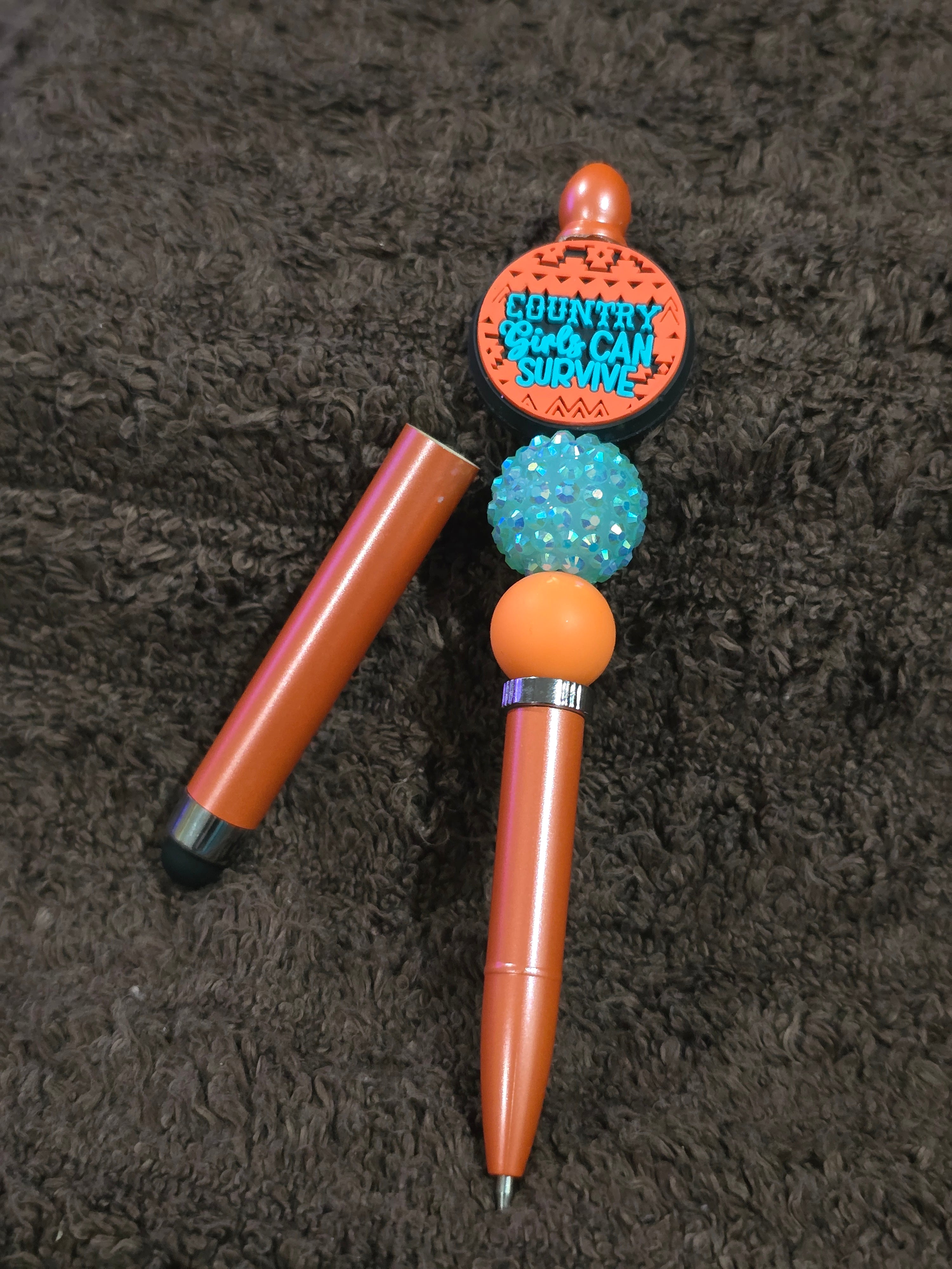 #17 Beaded "Orange & Aqua Blue Country Girls Survive" Stylus/Ink Pen