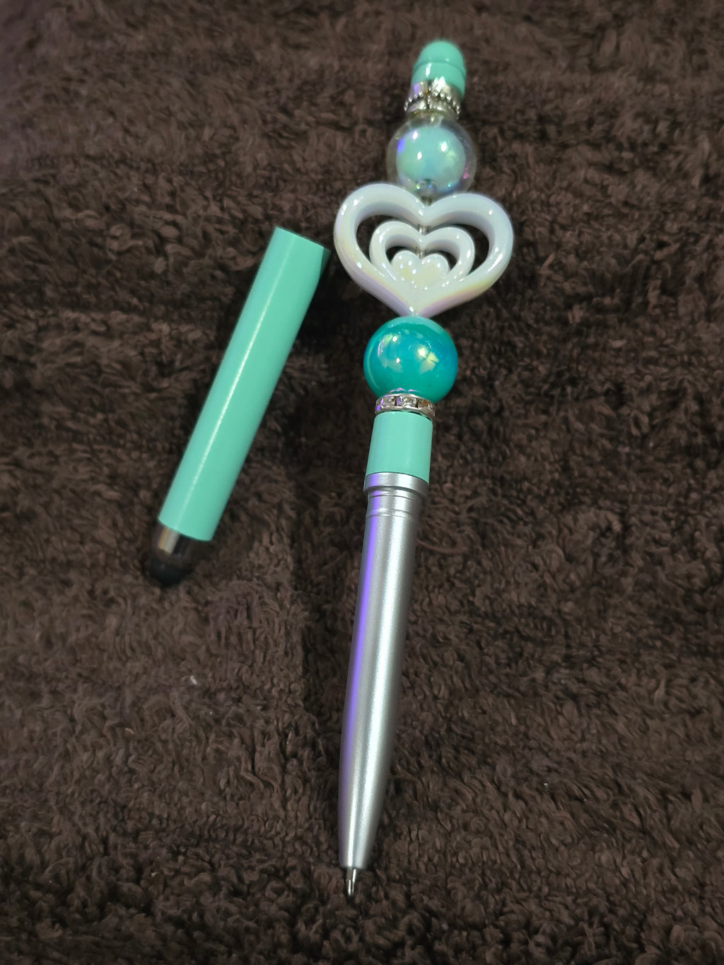 #21 Beaded "Aqua & White Heart" Stylus/Ink Pen