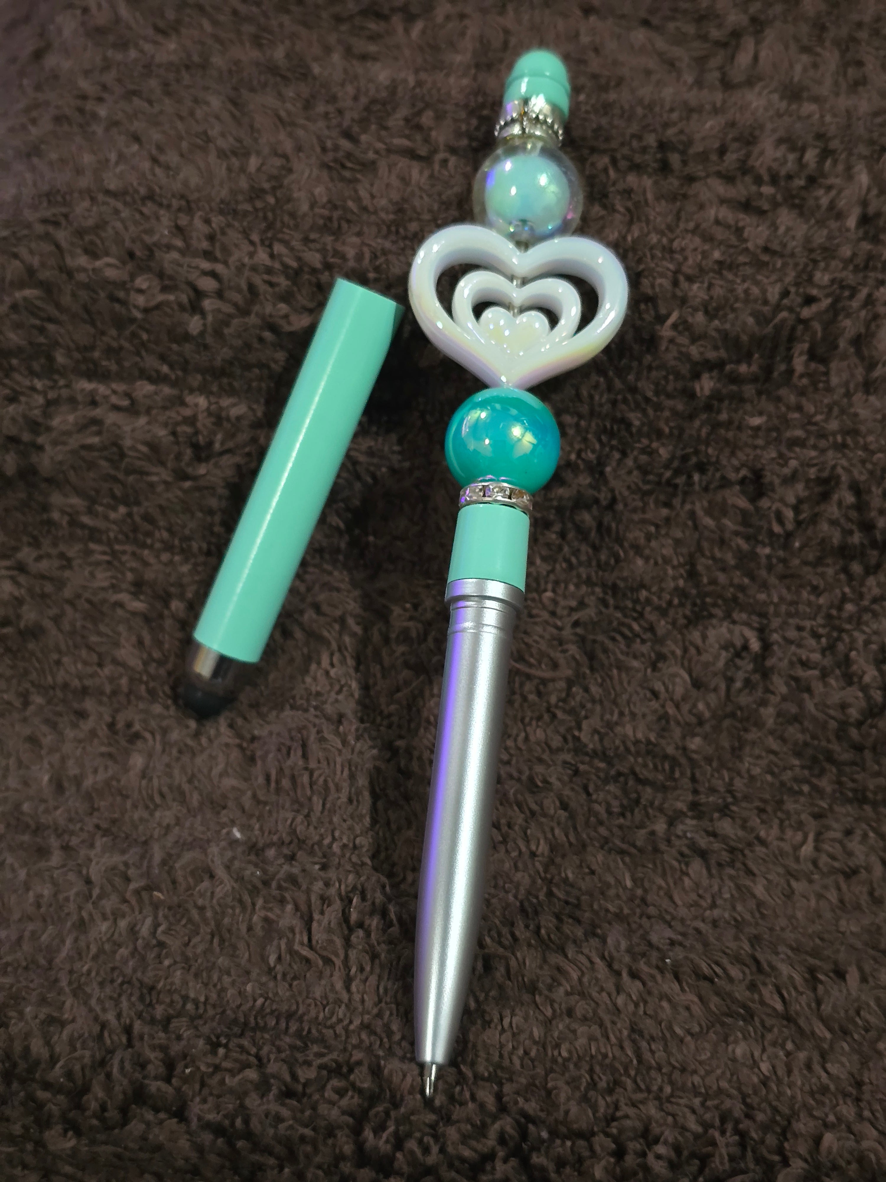 #21 Beaded "Aqua & White Heart" Stylus/Ink Pen