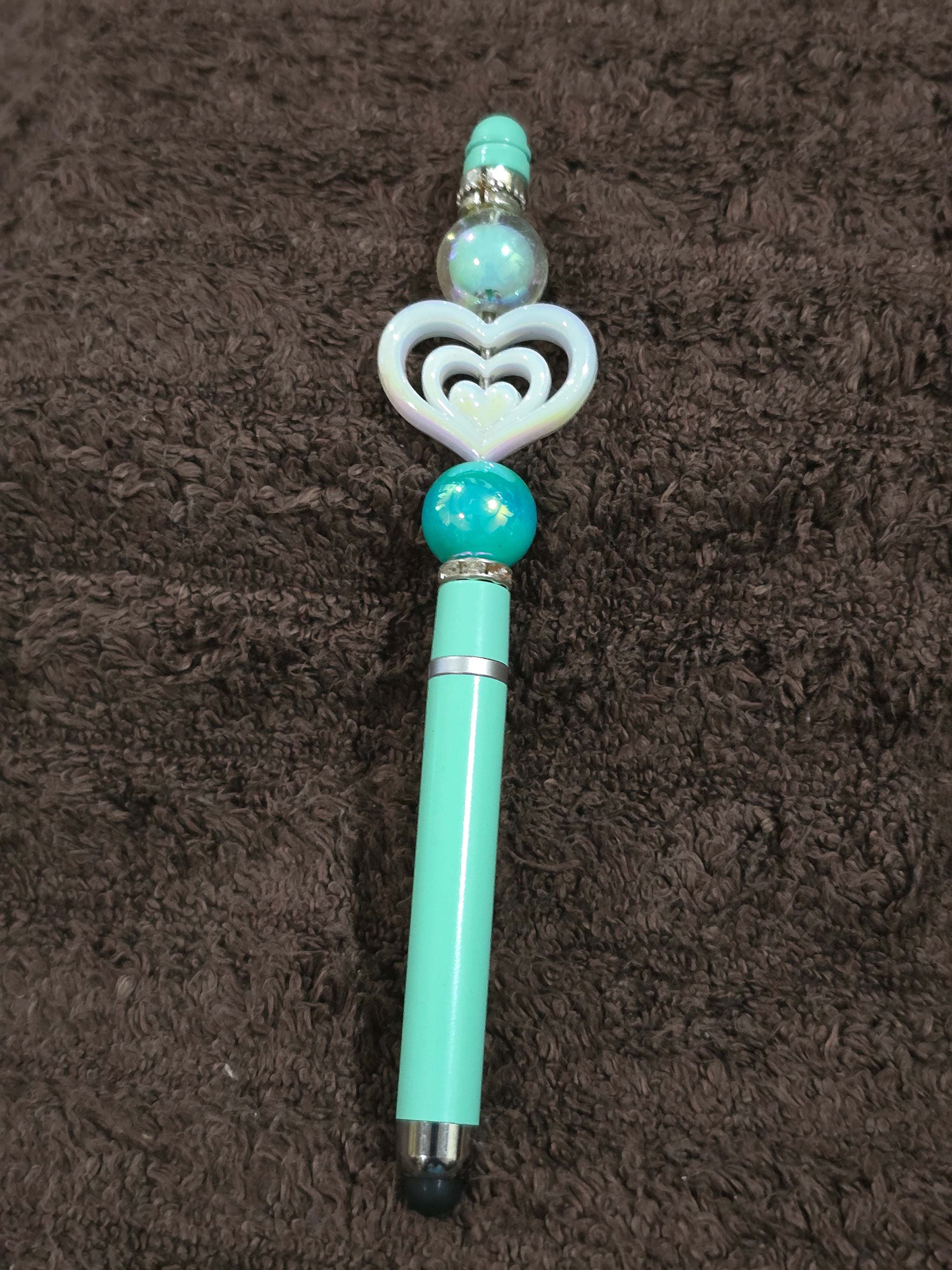 #21 Beaded "Aqua & White Heart" Stylus/Ink Pen