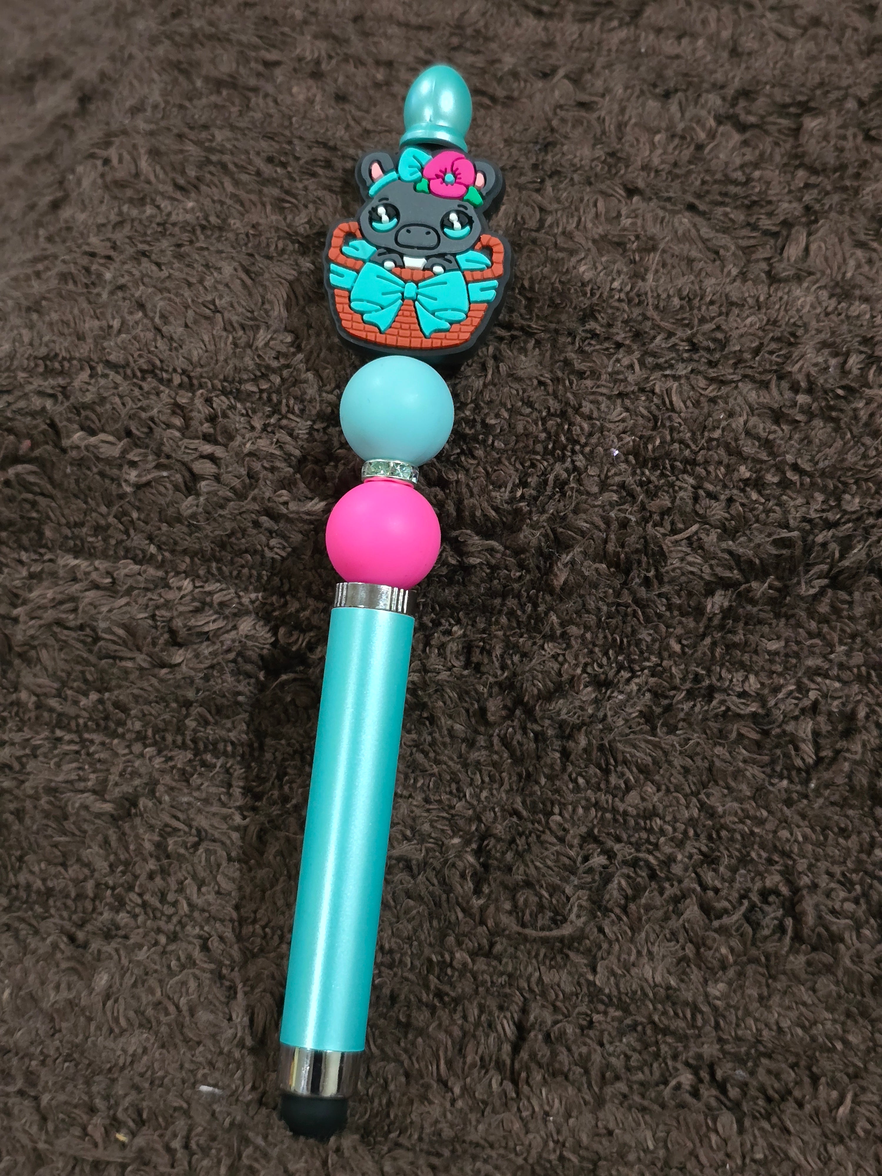 #34 Beaded "Cute Hippo in a Basket" Stylus/Ink Pen