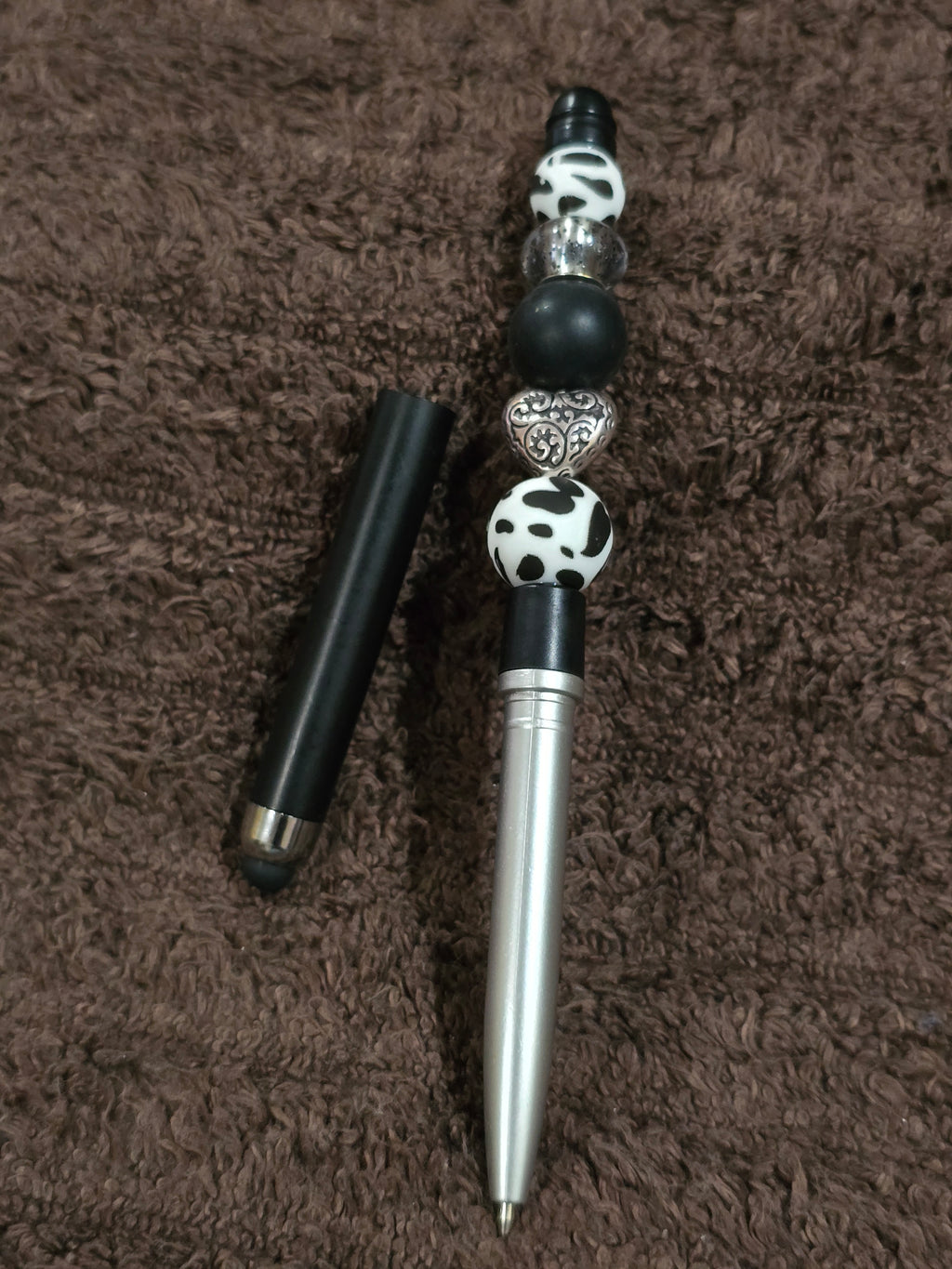 #40 Beaded "Black & White w/Silver Heart" Stylus/Ink Pen