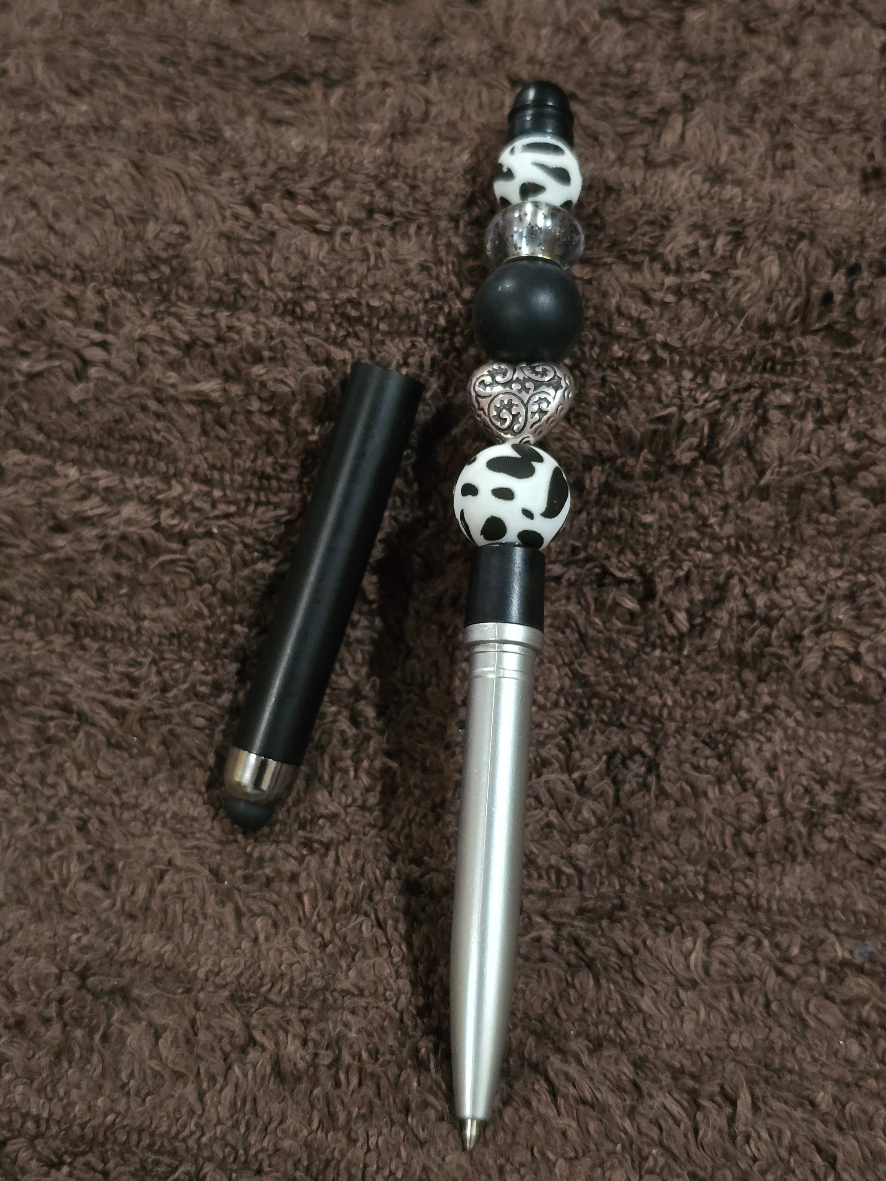 #40 Beaded "Black & White w/Silver Heart" Stylus/Ink Pen