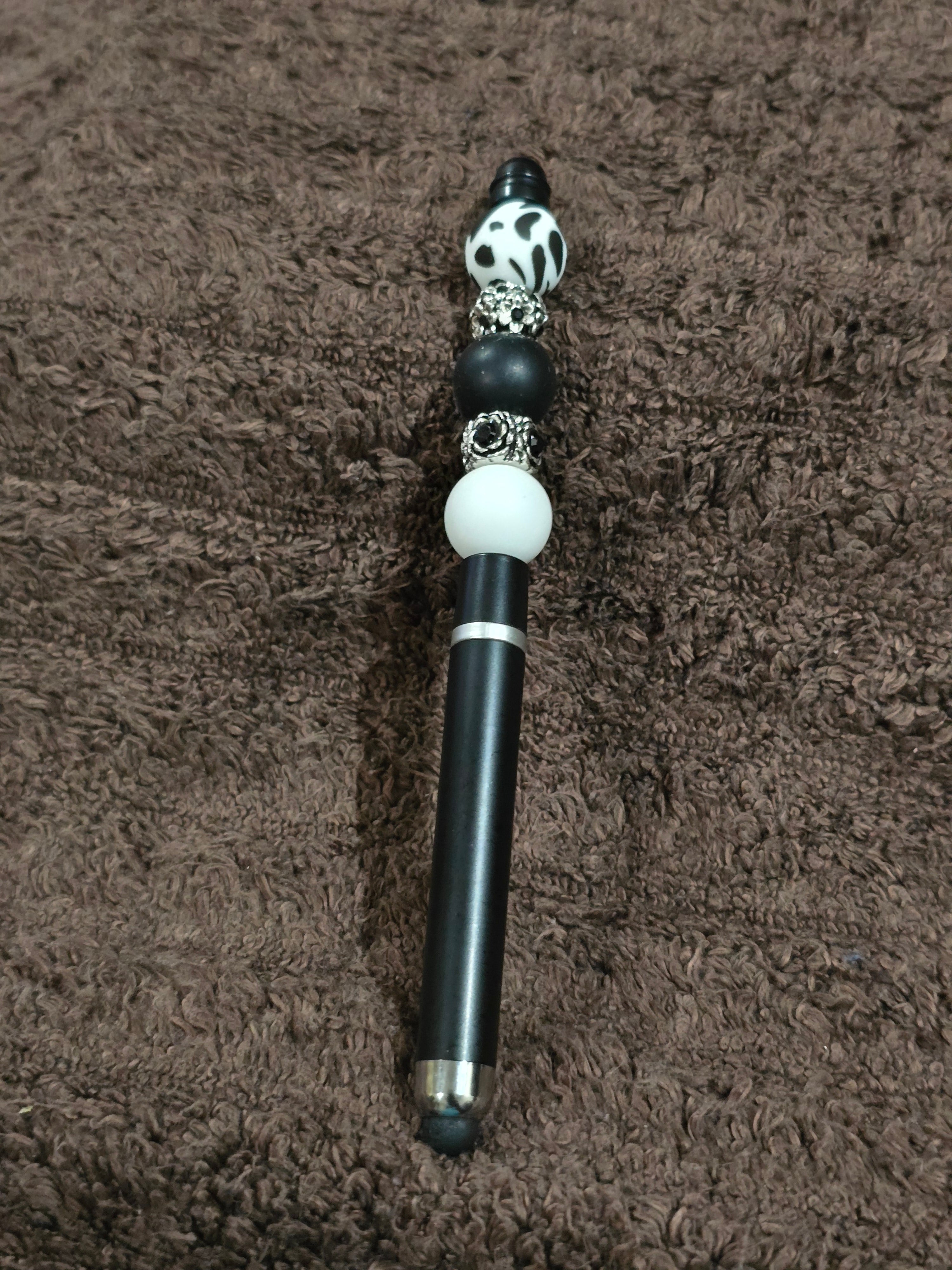 #43 Beaded "Black, White & Silver" Stylus/Ink Pen