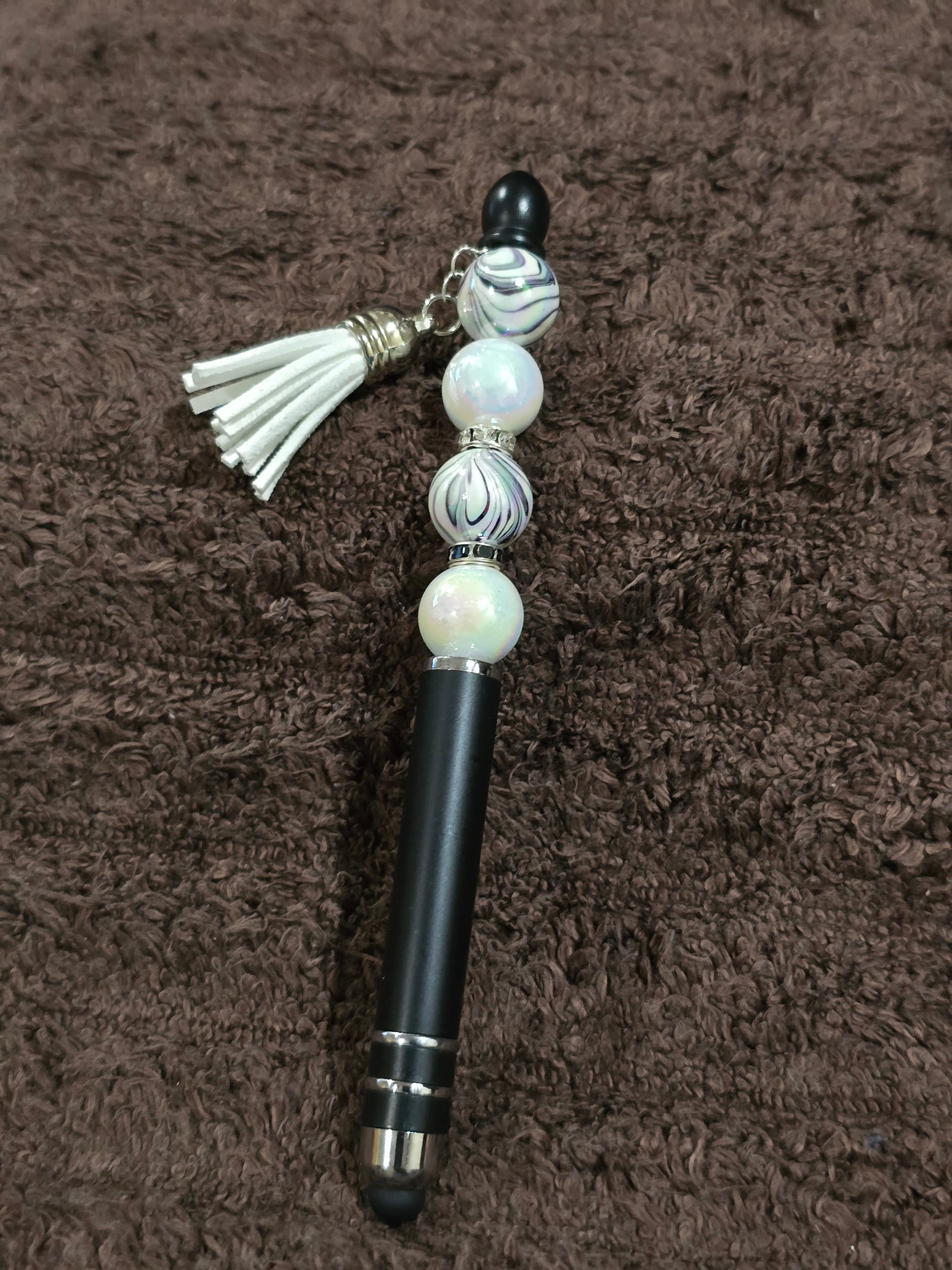 #44 Beaded "Black & White Tasseled" Stylus/Ink Pen