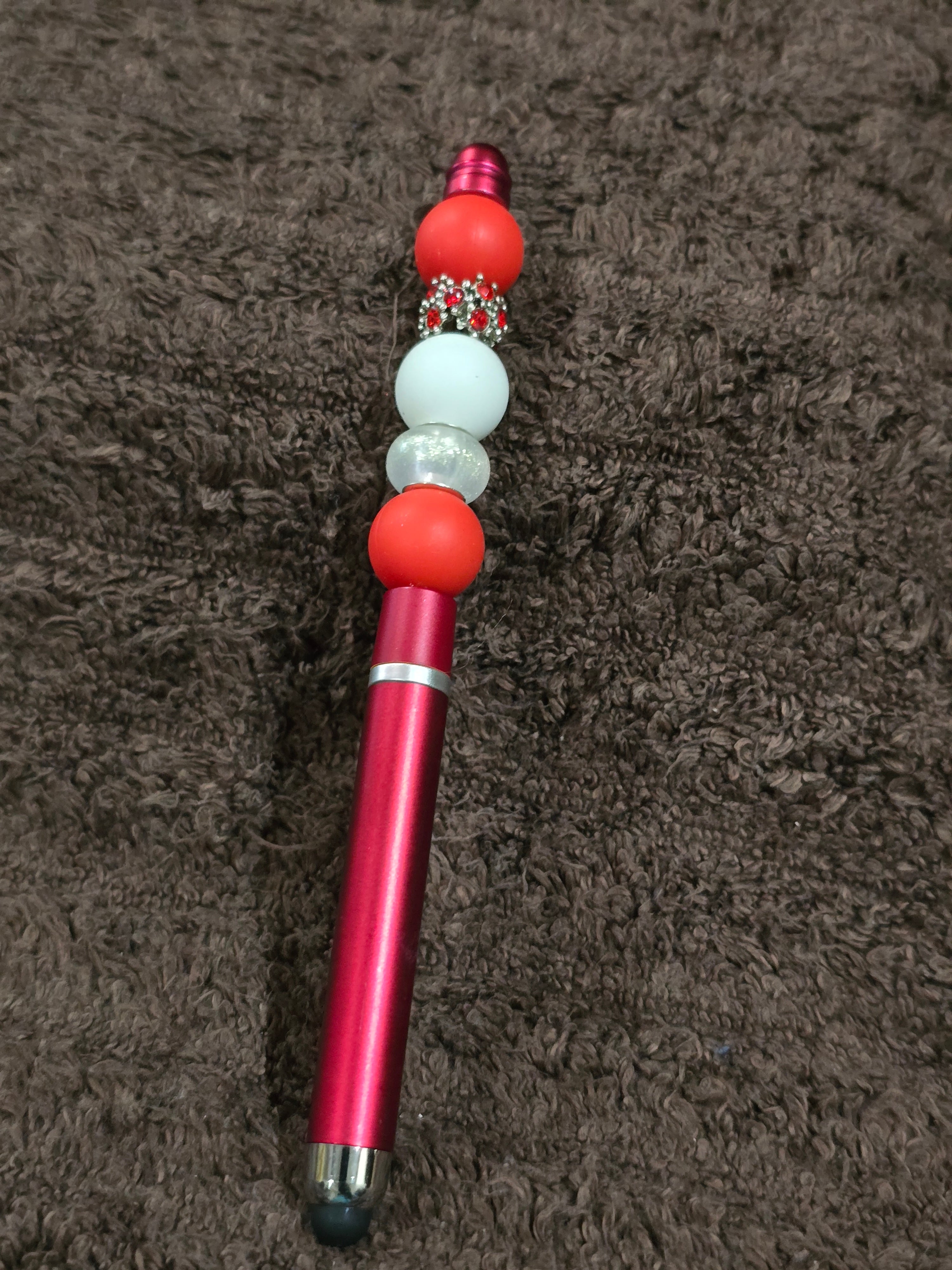 #49 Beaded "Red, White & Silver" Stylus/Ink Pen