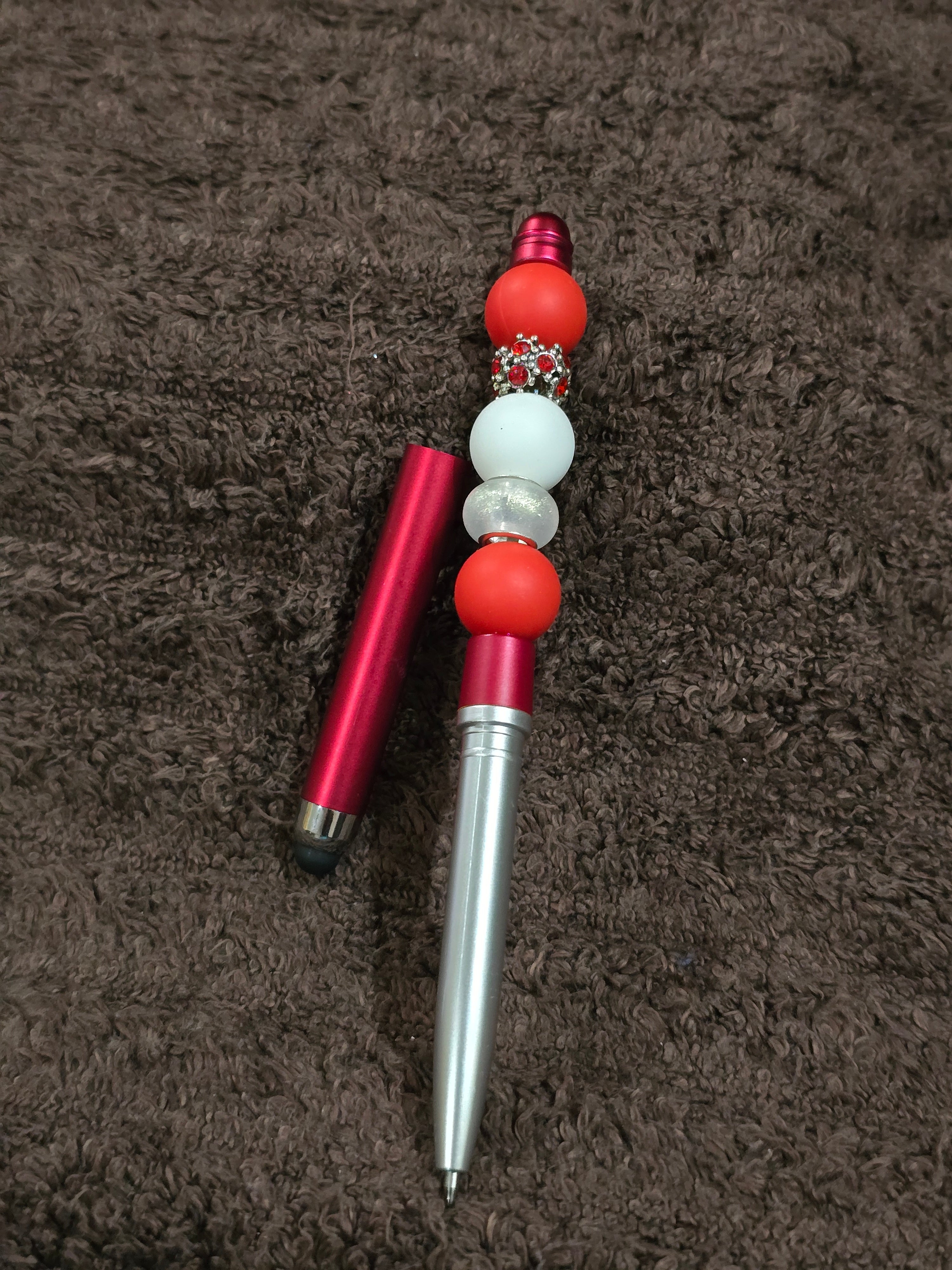 #49 Beaded "Red, White & Silver" Stylus/Ink Pen