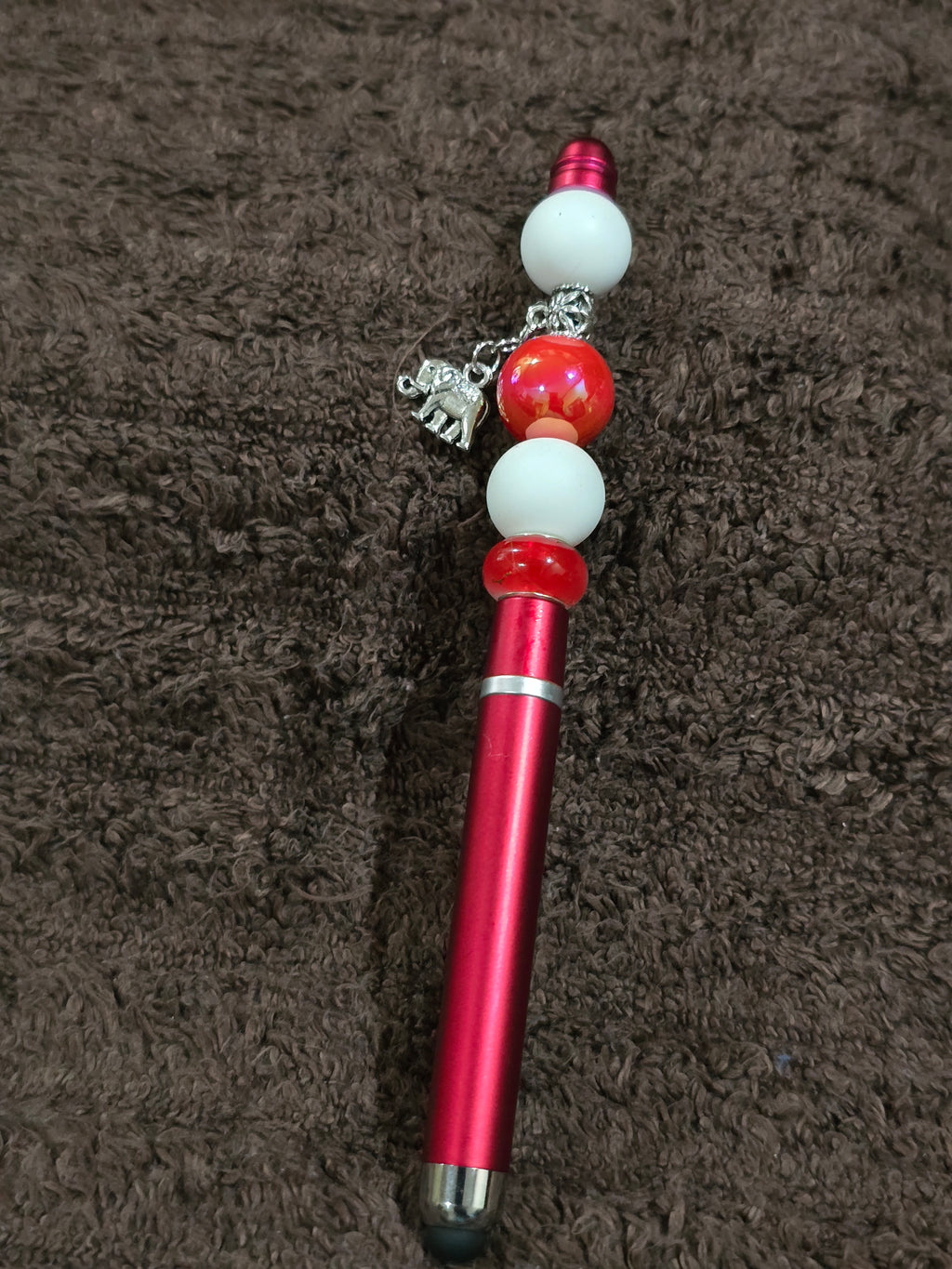 #50 Beaded "Red, White w/Silver Elephant Charm" Stylus/Ink Pen