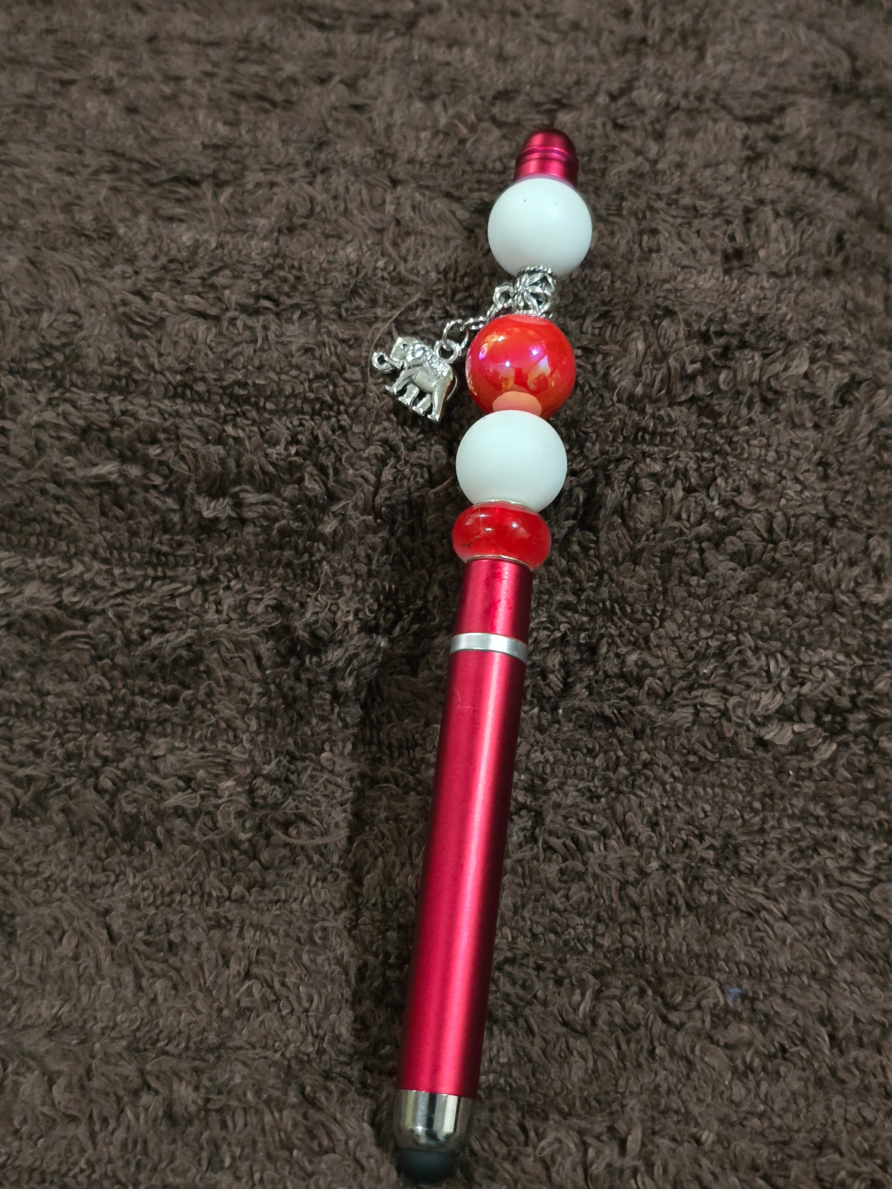 #50 Beaded "Red, White w/Silver Elephant Charm" Stylus/Ink Pen
