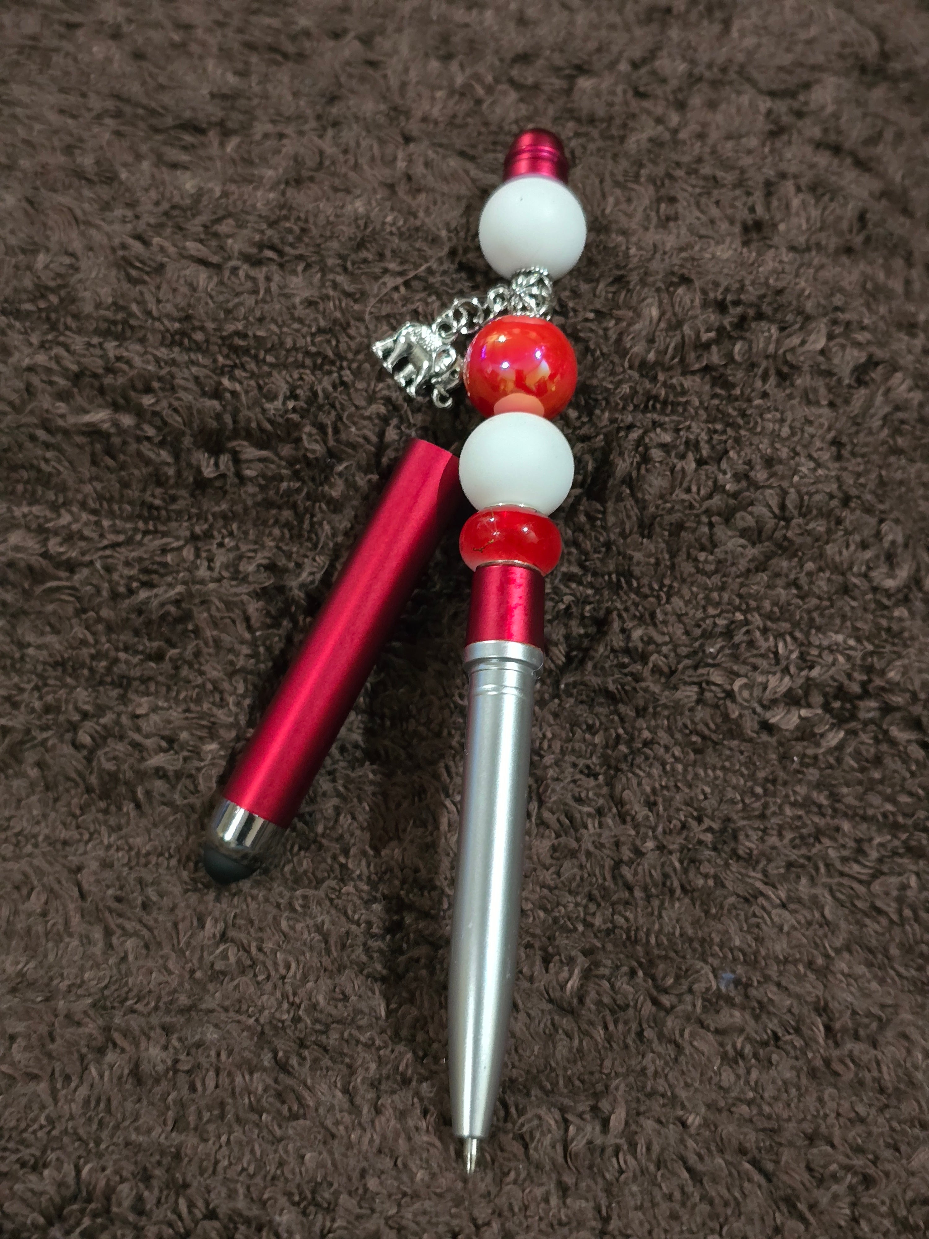 #50 Beaded "Red, White w/Silver Elephant Charm" Stylus/Ink Pen