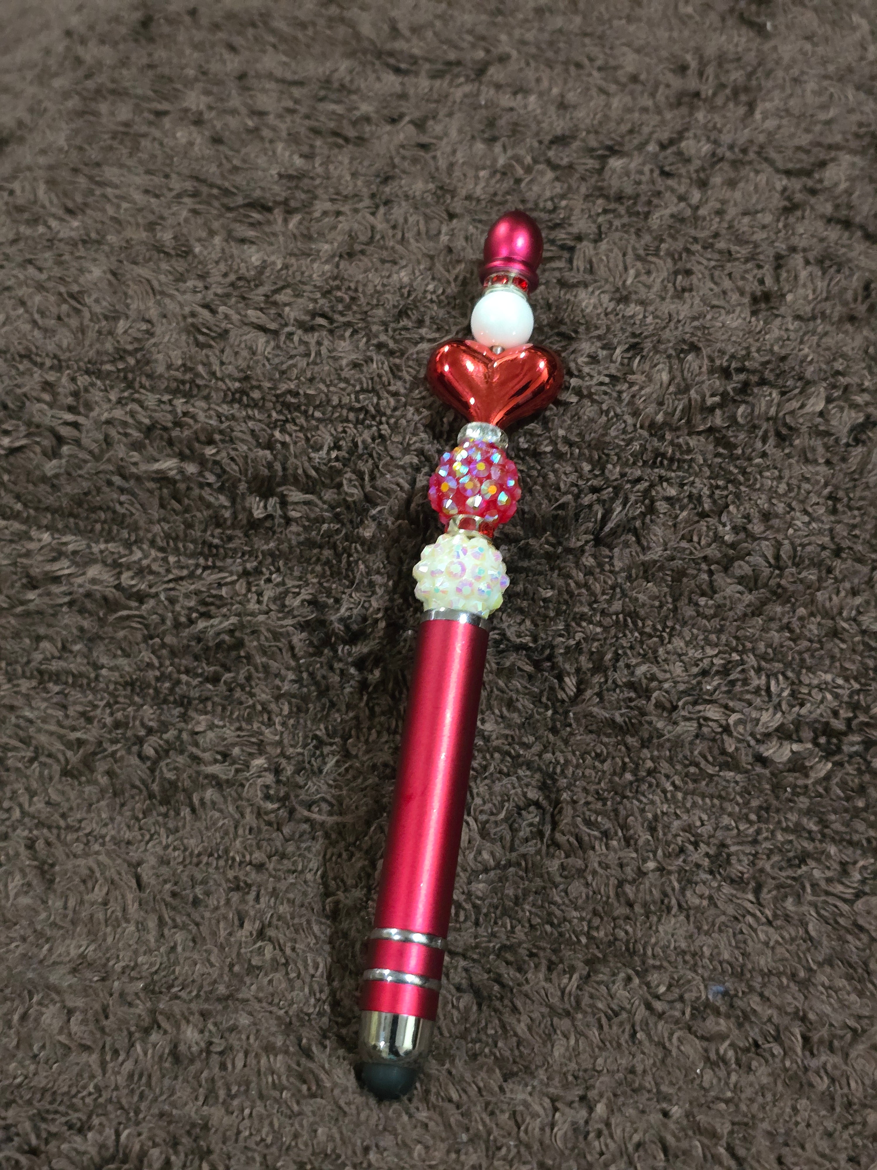 #52 Beaded "Red & White Beads w/Red Heart" Stylus/Ink Pen