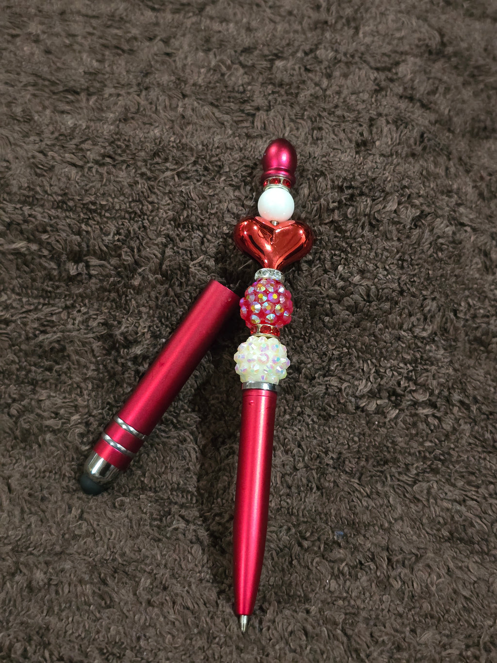 #52 Beaded "Red & White Beads w/Red Heart" Stylus/Ink Pen