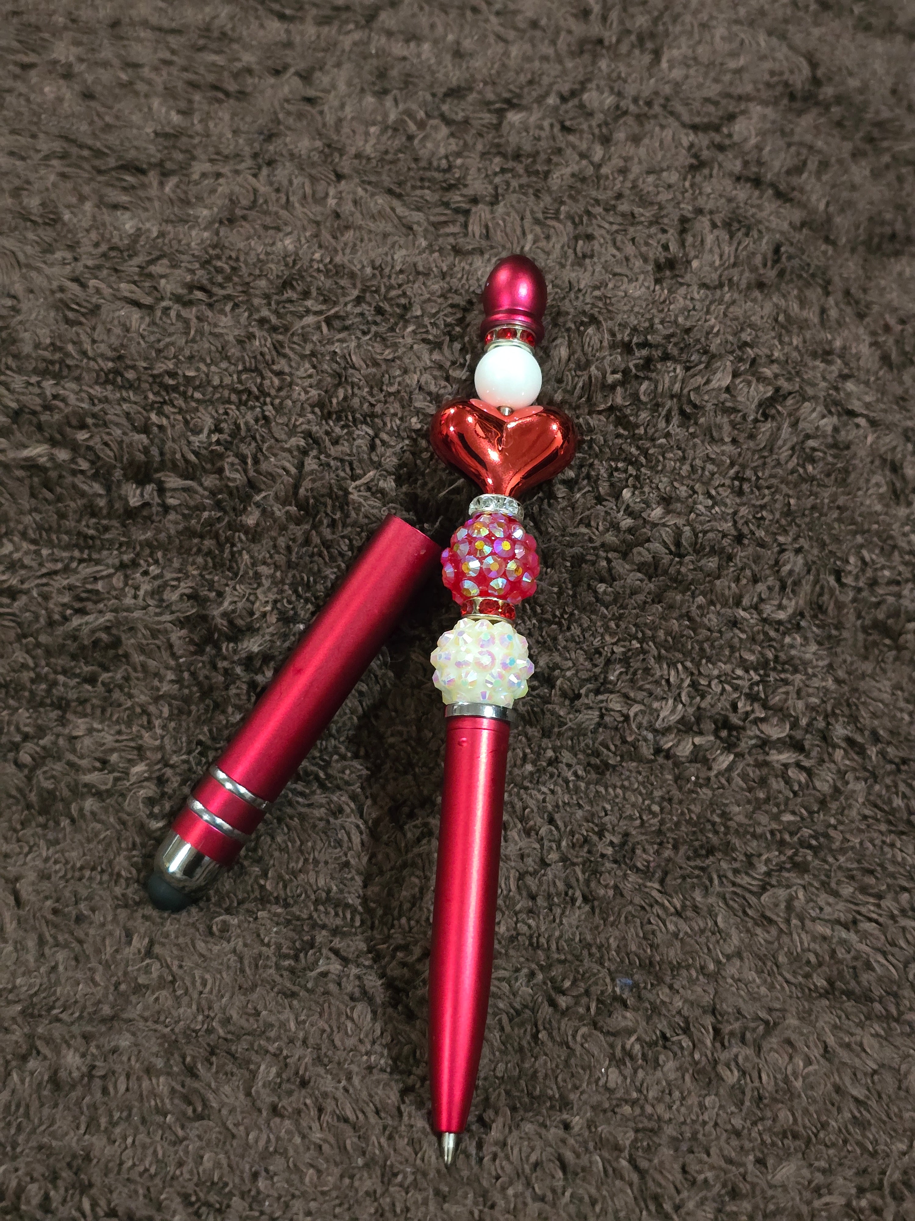 #52 Beaded "Red & White Beads w/Red Heart" Stylus/Ink Pen