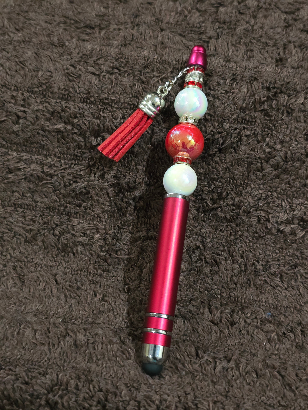 #53 Beaded "Red & White w/Red Tassel" Stylus/Ink Pen