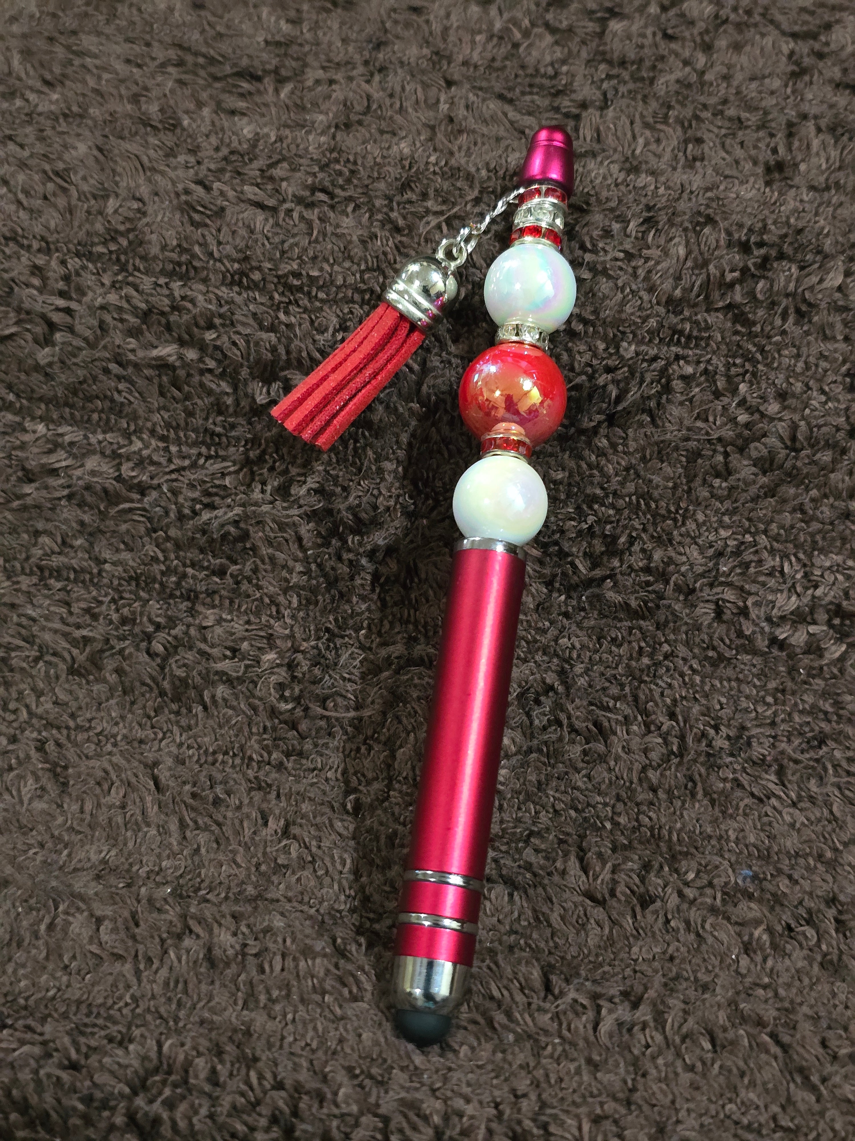 #53 Beaded "Red & White w/Red Tassel" Stylus/Ink Pen