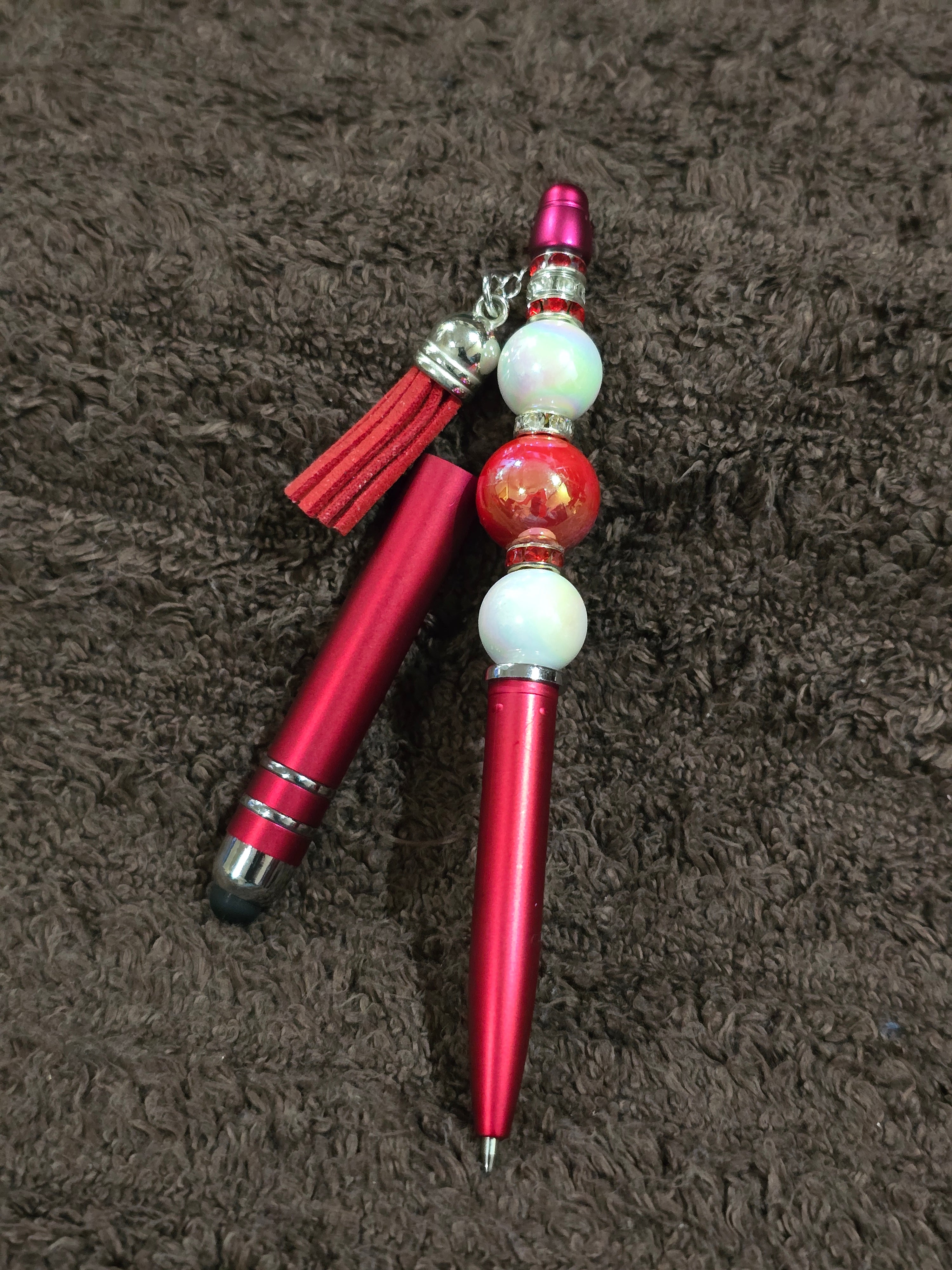 #53 Beaded "Red & White w/Red Tassel" Stylus/Ink Pen