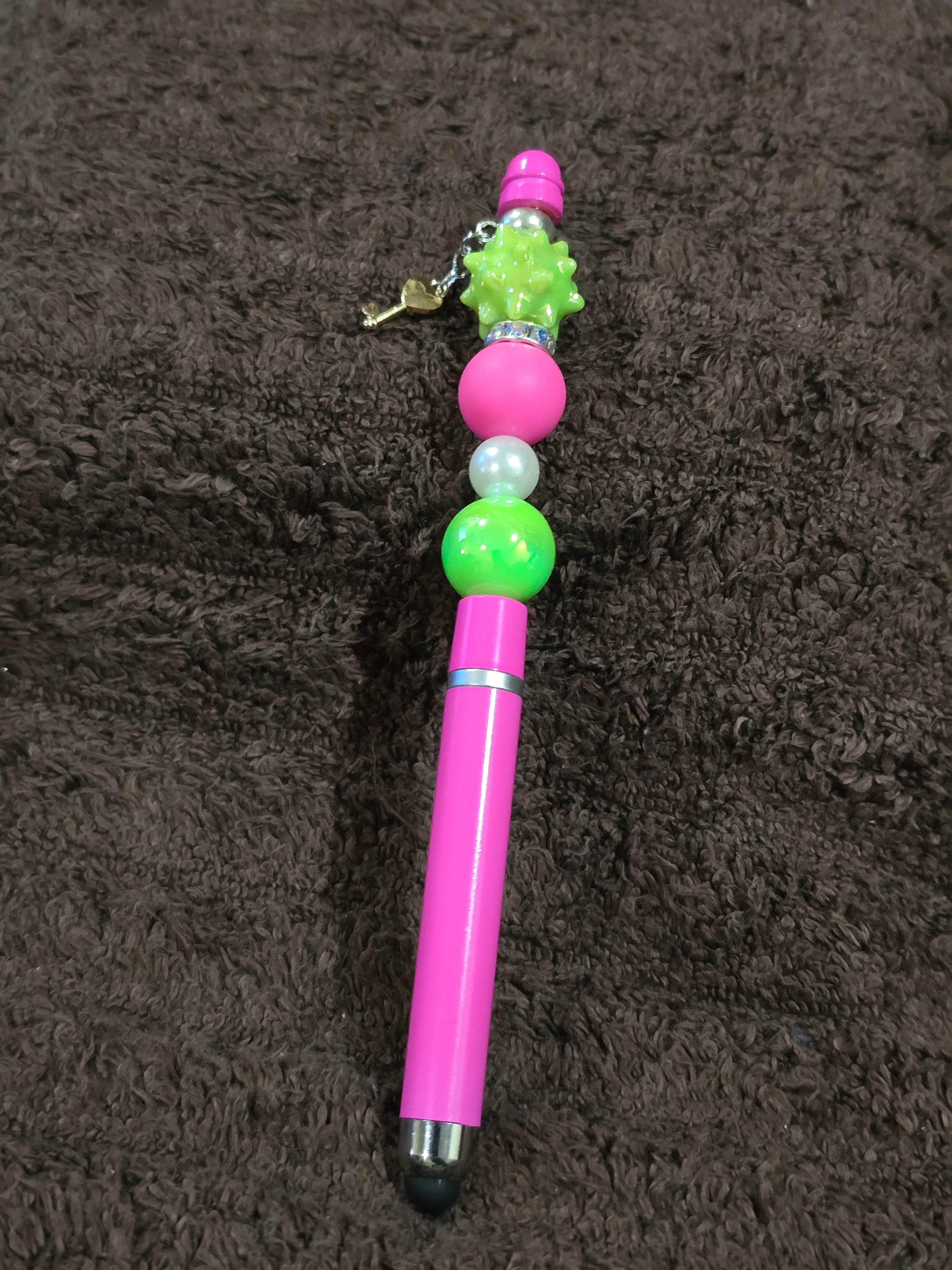 #57 Beaded "Pink & Neon Green w/Key Charm" Stylus/Ink Pen
