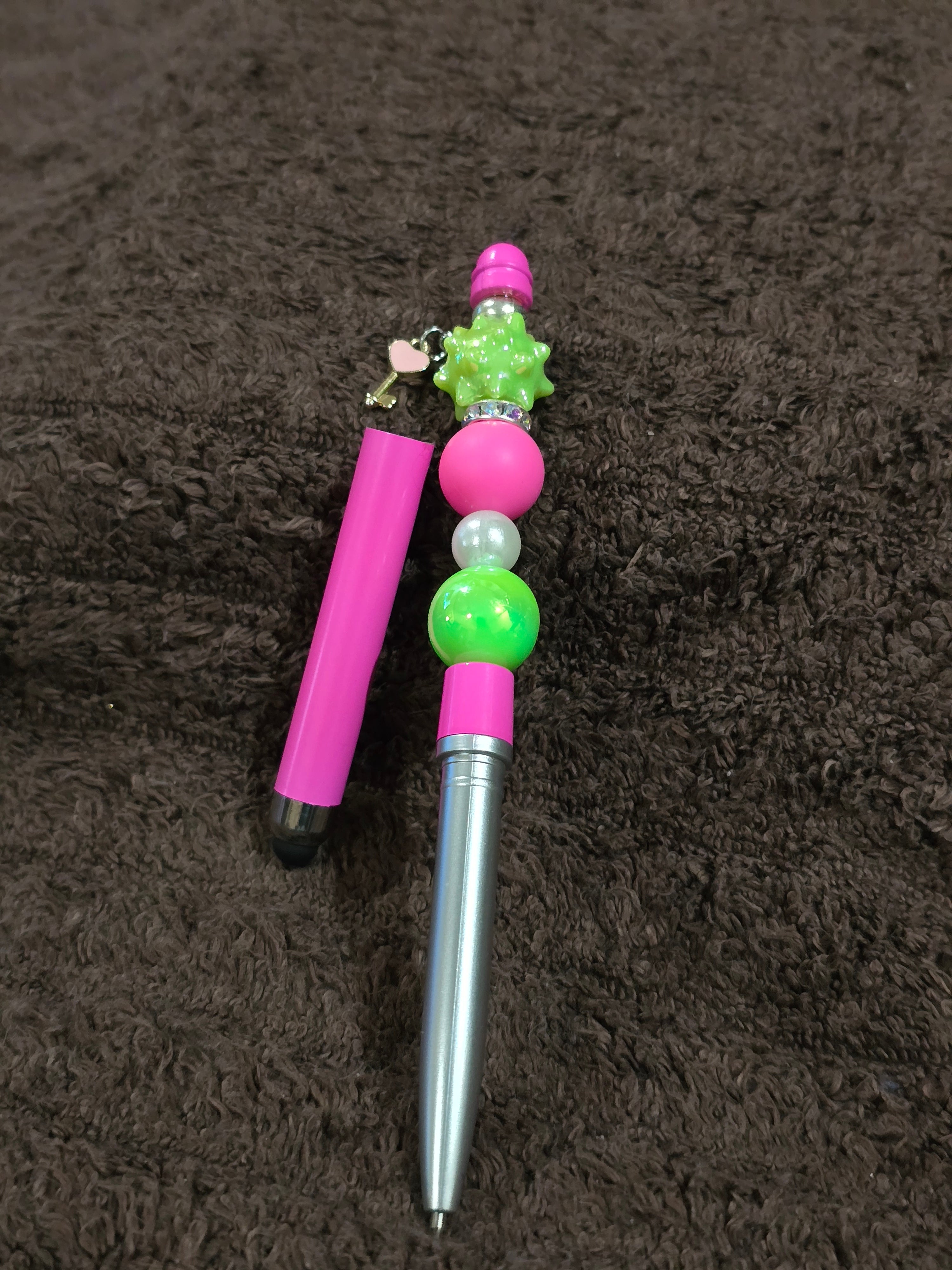 #57 Beaded "Pink & Neon Green w/Key Charm" Stylus/Ink Pen