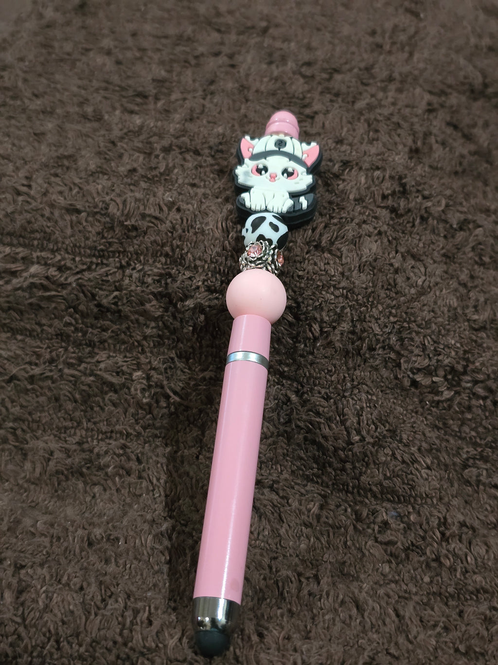 #65 Beaded "Pink, White & Black Nurse Cat" Stylus/Ink Pen