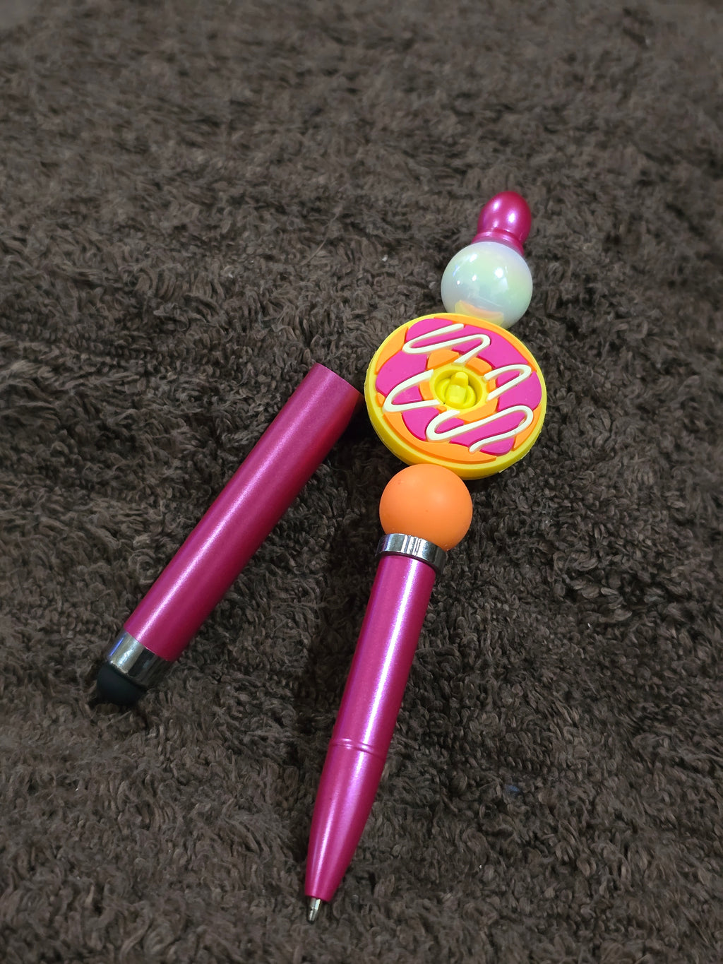 #66 Beaded "Hot Pink, Orange & White Donut" Stylus/Ink Pen